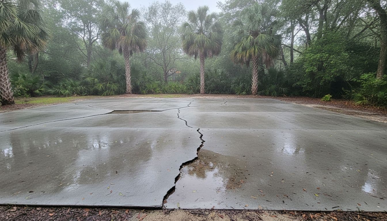 Wide view of a smooth poured concrete patio cracking from soil shift in a Charleston backyard with palm trees, humid atmosphere, and water pooling in cracks under natural overcast lighting. pavers vs concrete patio