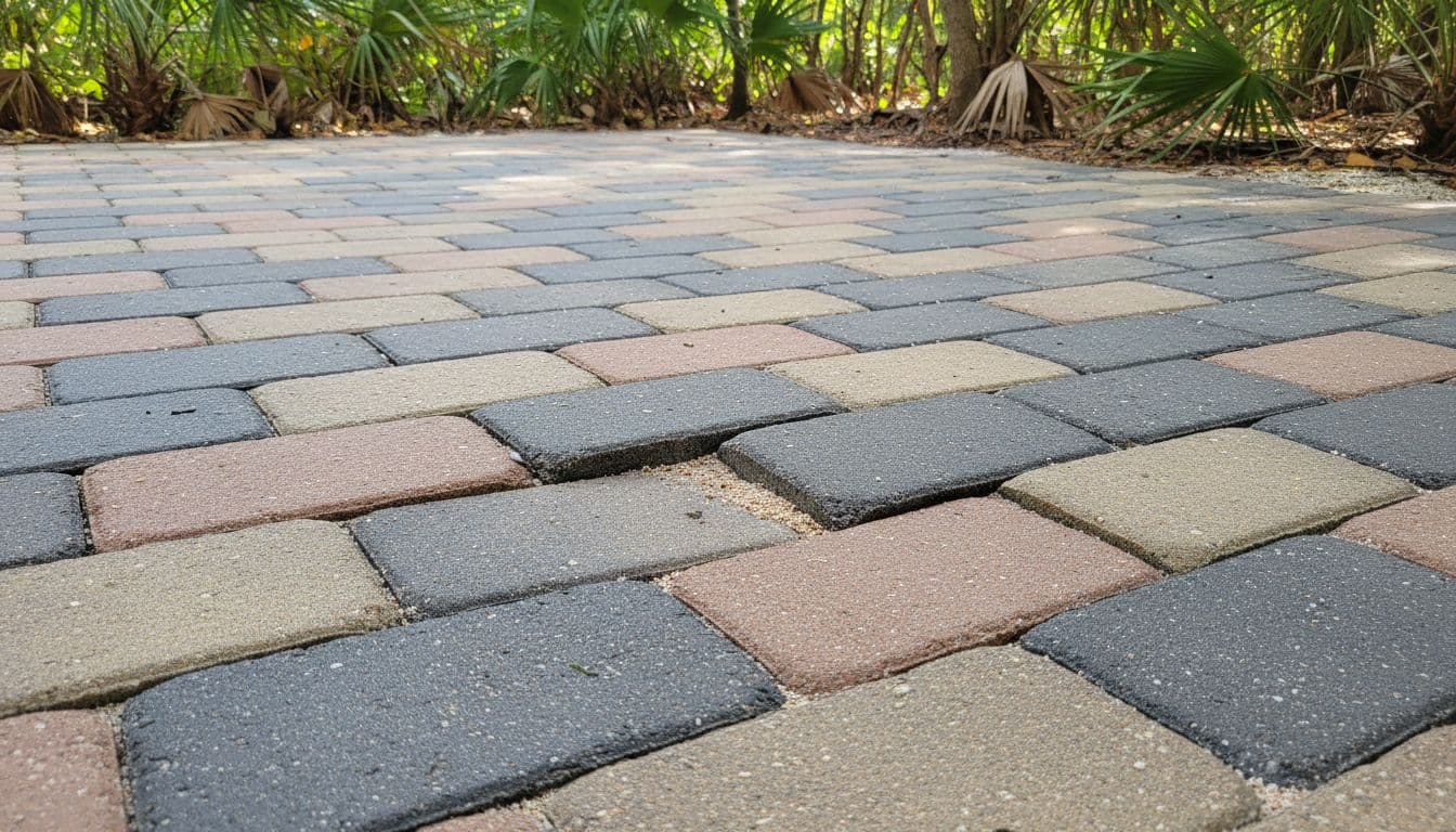 Close-up of interlocking concrete pavers on a backyard patio in a humid coastal setting, showing slight flexing over uneven ground with subtle moisture and sand nearby, captured in natural daylight. pavers vs concrete patio