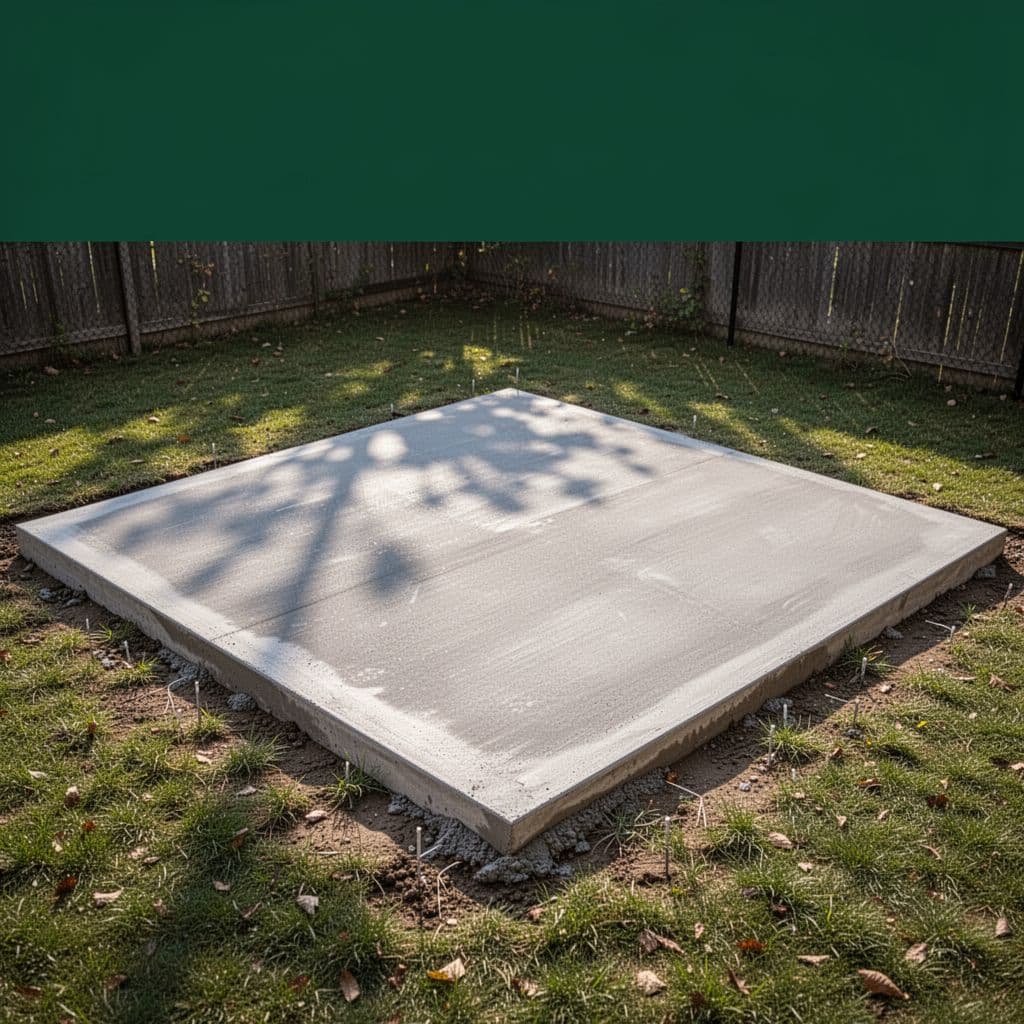 A square concrete pad sits in a backyard under natural light with Foundation Basics text above.
