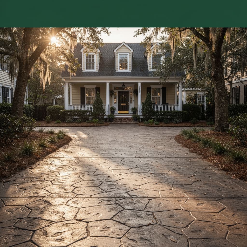 Stamped concrete driveway leads to a home in warm sunlight, with dark green top band showing 'Durable Driveways' text.