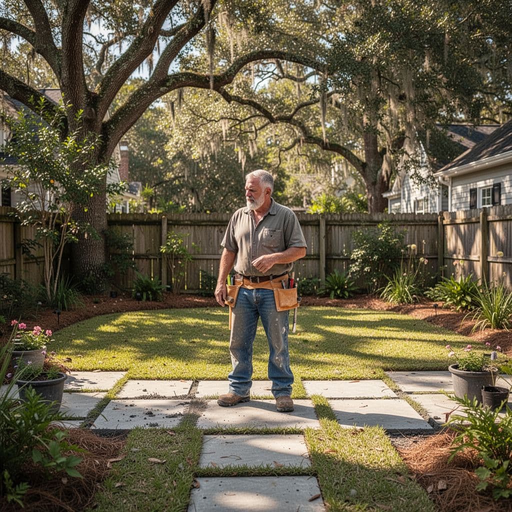 A contractor inspects a backyard project site under bright sunlight.