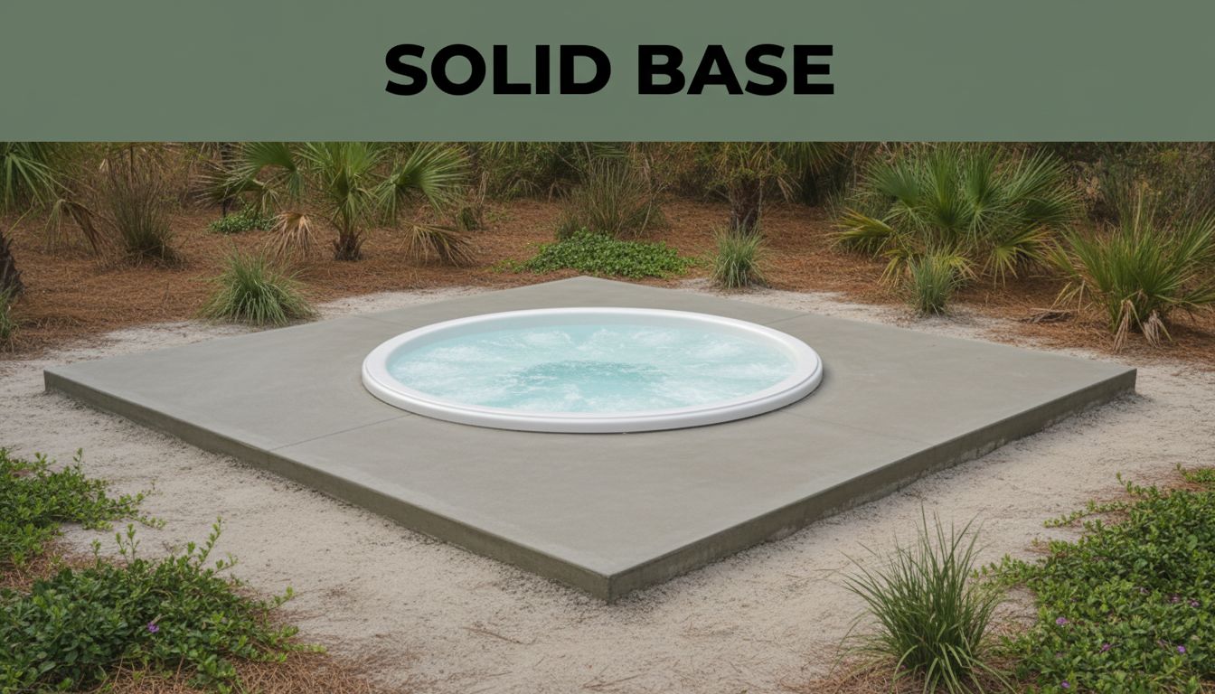 Circular hot tub on a square gray concrete base in a desert-style garden with palms and shrubs; 'SOLID BASE' banner above.