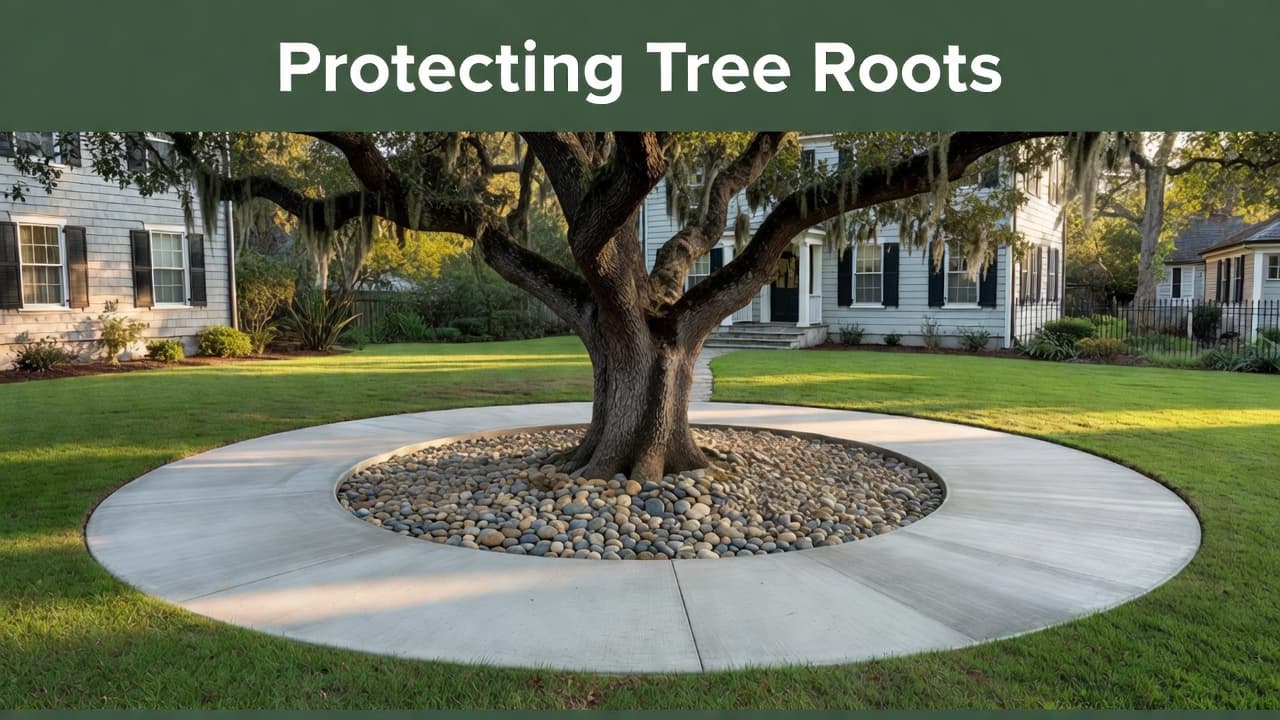 A smooth gray concrete patio surrounds a large oak tree trunk in a Charleston backyard. A wide circular border filled with smooth river stones buffers the tree from the hard pavement.
