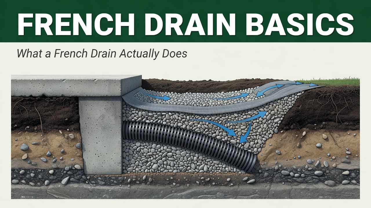 A technical diagram showing a perforated pipe installed in a gravel trench next to a concrete slab.