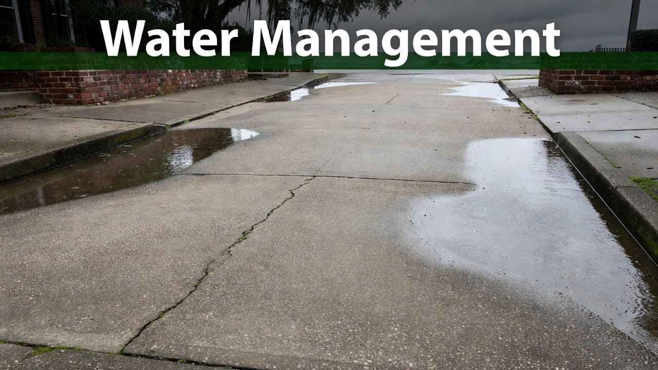 Standing water pools along the side of a concrete residential driveway on a gloomy day.