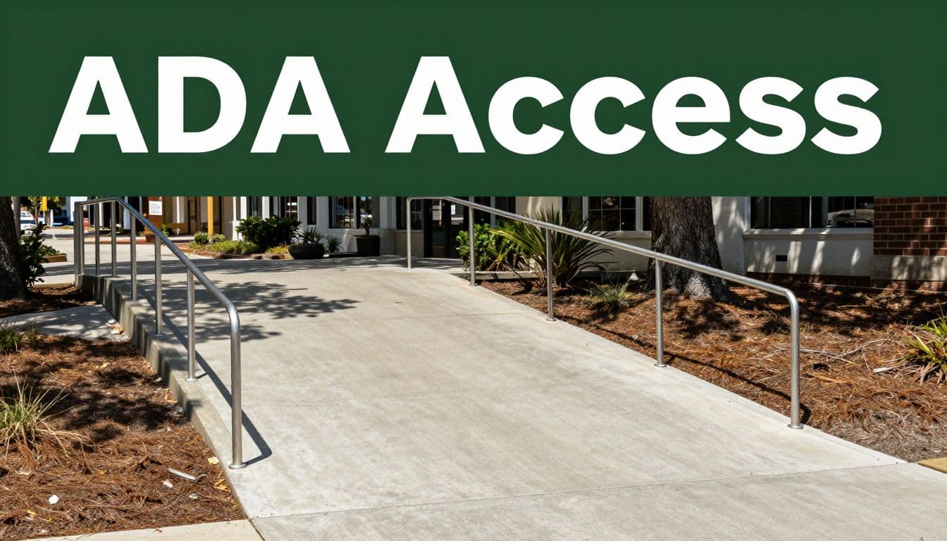 Concrete access ramp with a metal handrail leading to a commercial entrance.