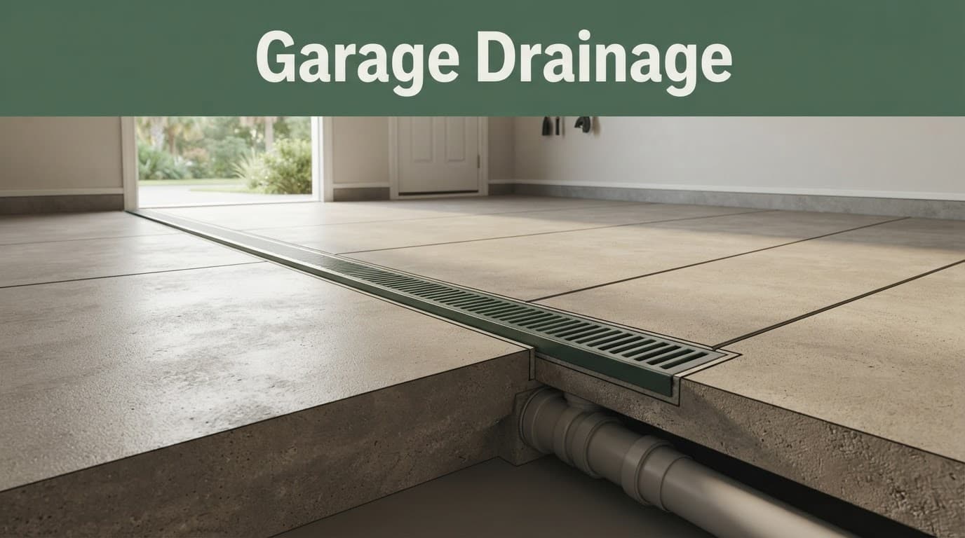 A trench drain crosses a sloped concrete garage floor near an open doorway.