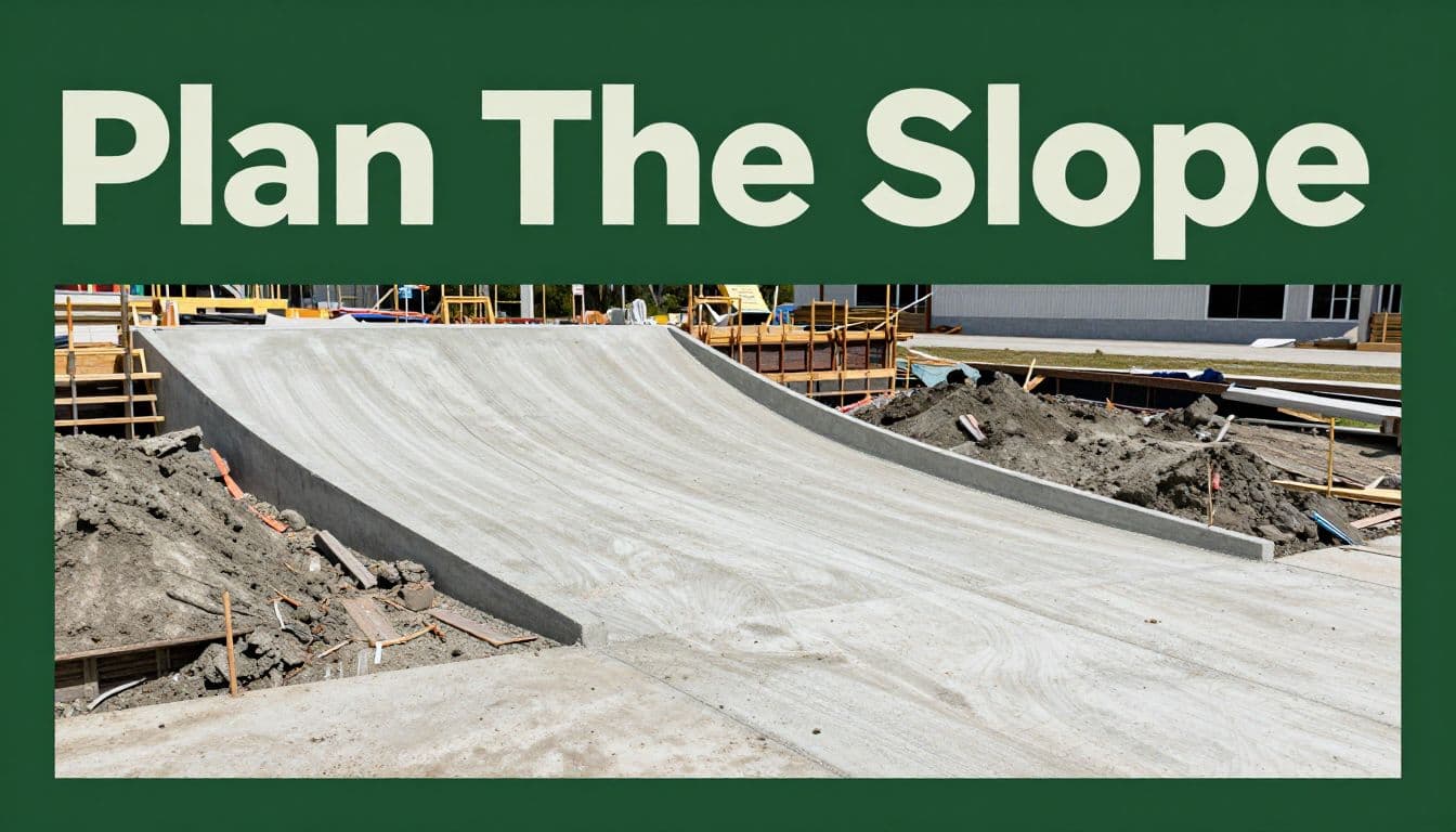 A sloped concrete ramp under construction beside a small commercial building.