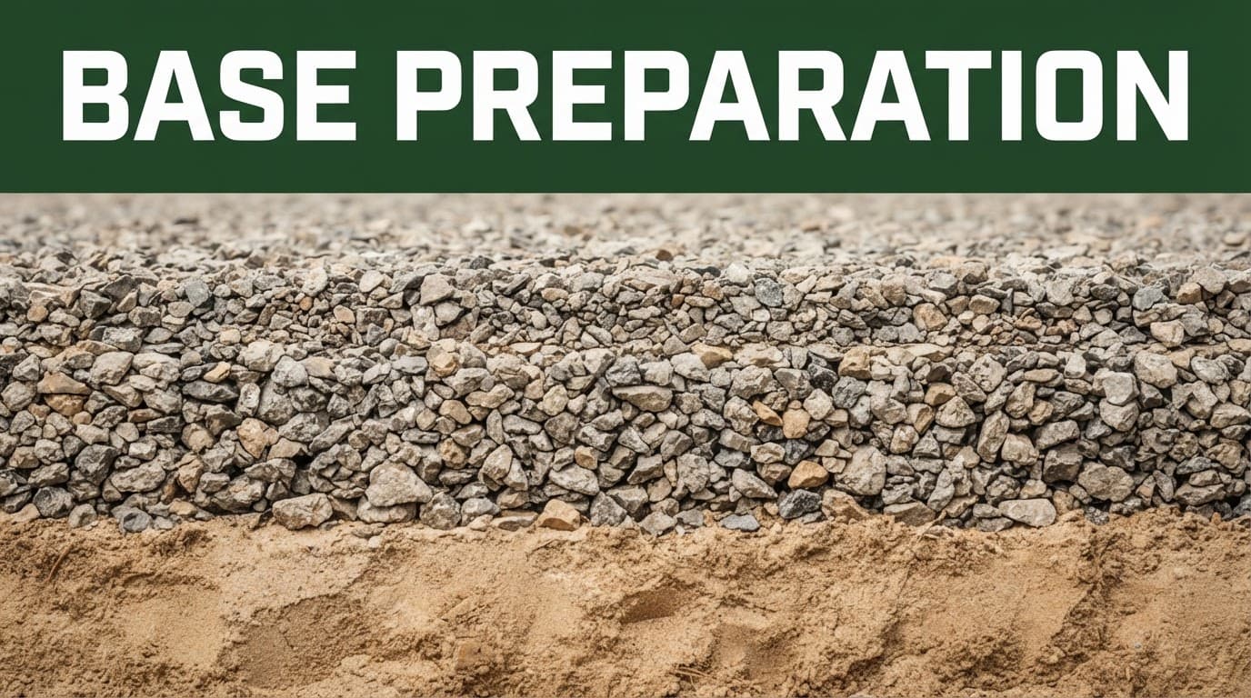 Cross-section of compacted stone layers over sandy soil for a driveway base.