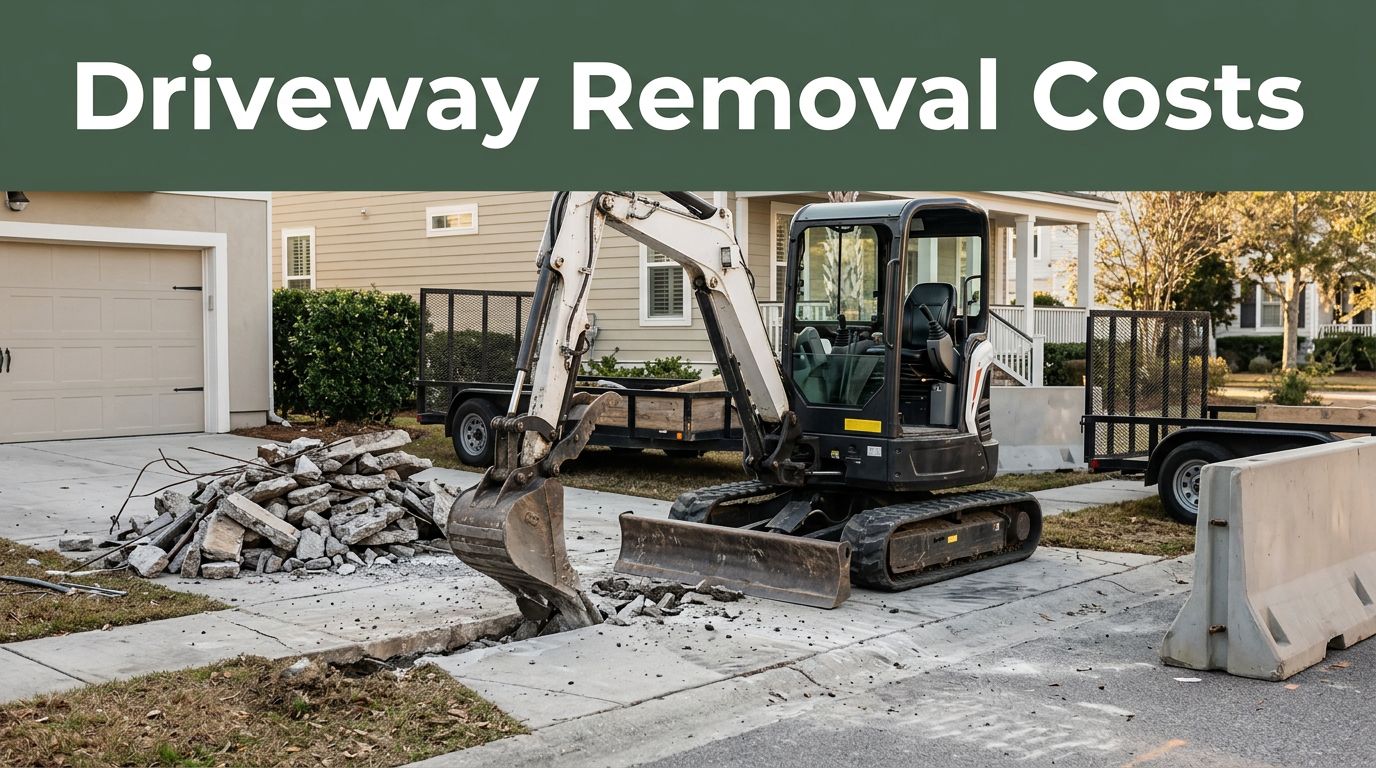 An excavator removes a concrete driveway beside a Charleston home.