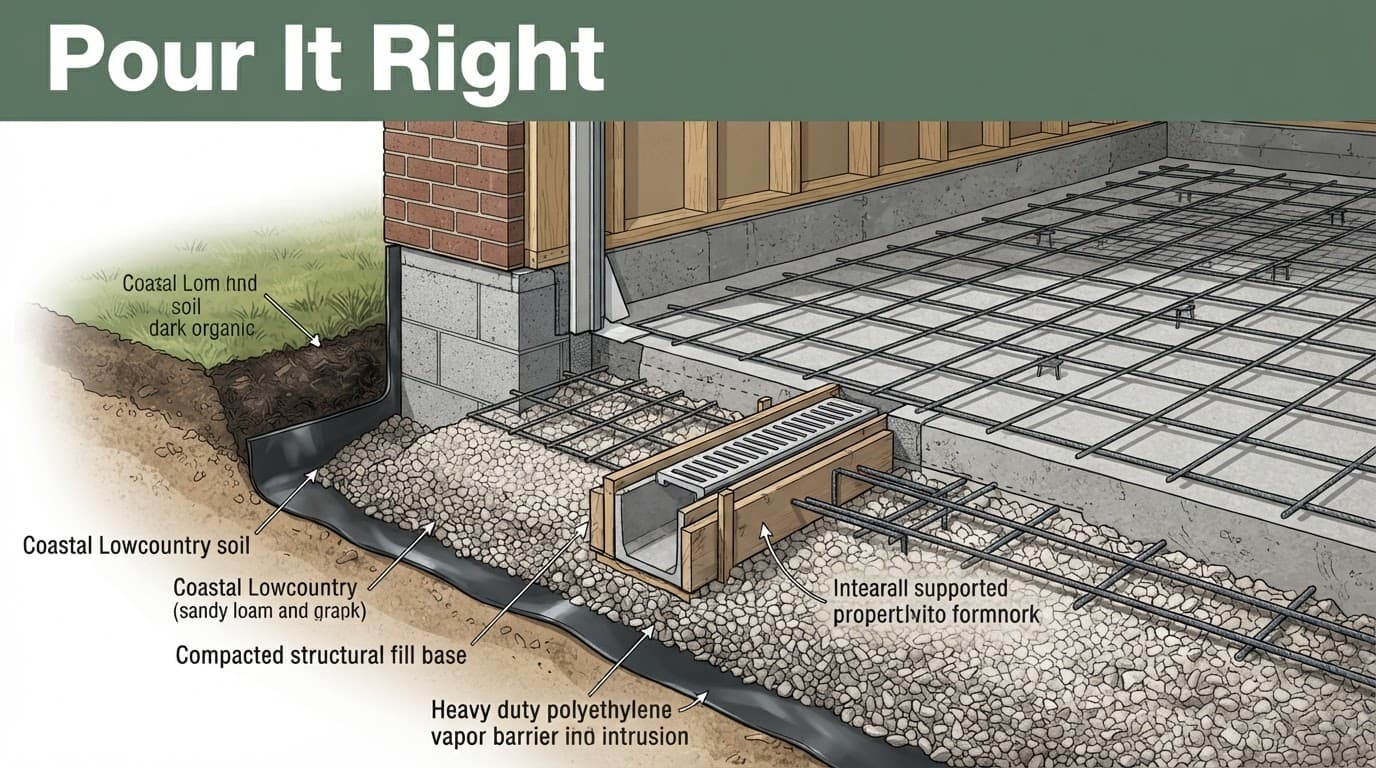 Cutaway garage slab with a trench drain, reinforcing steel, vapor barrier, and compacted base.