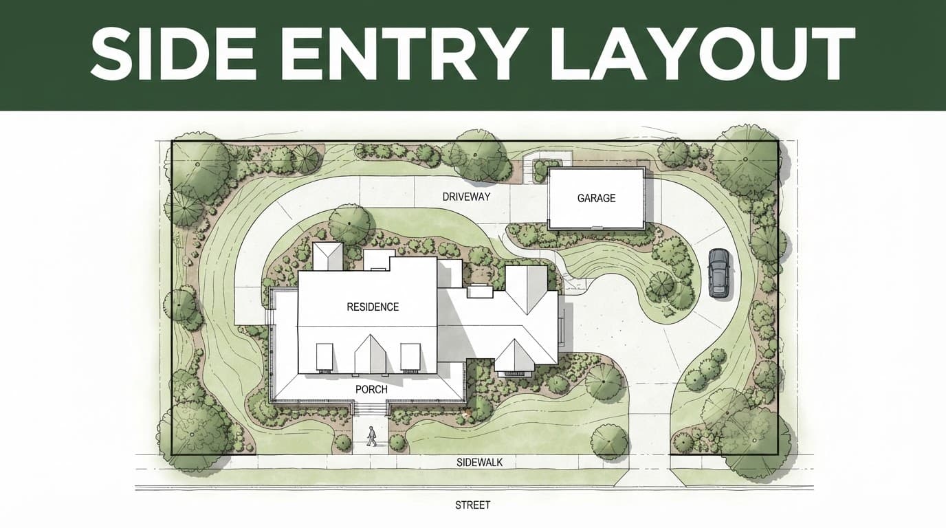 Site plan showing a curved driveway leading to a side-entry garage.