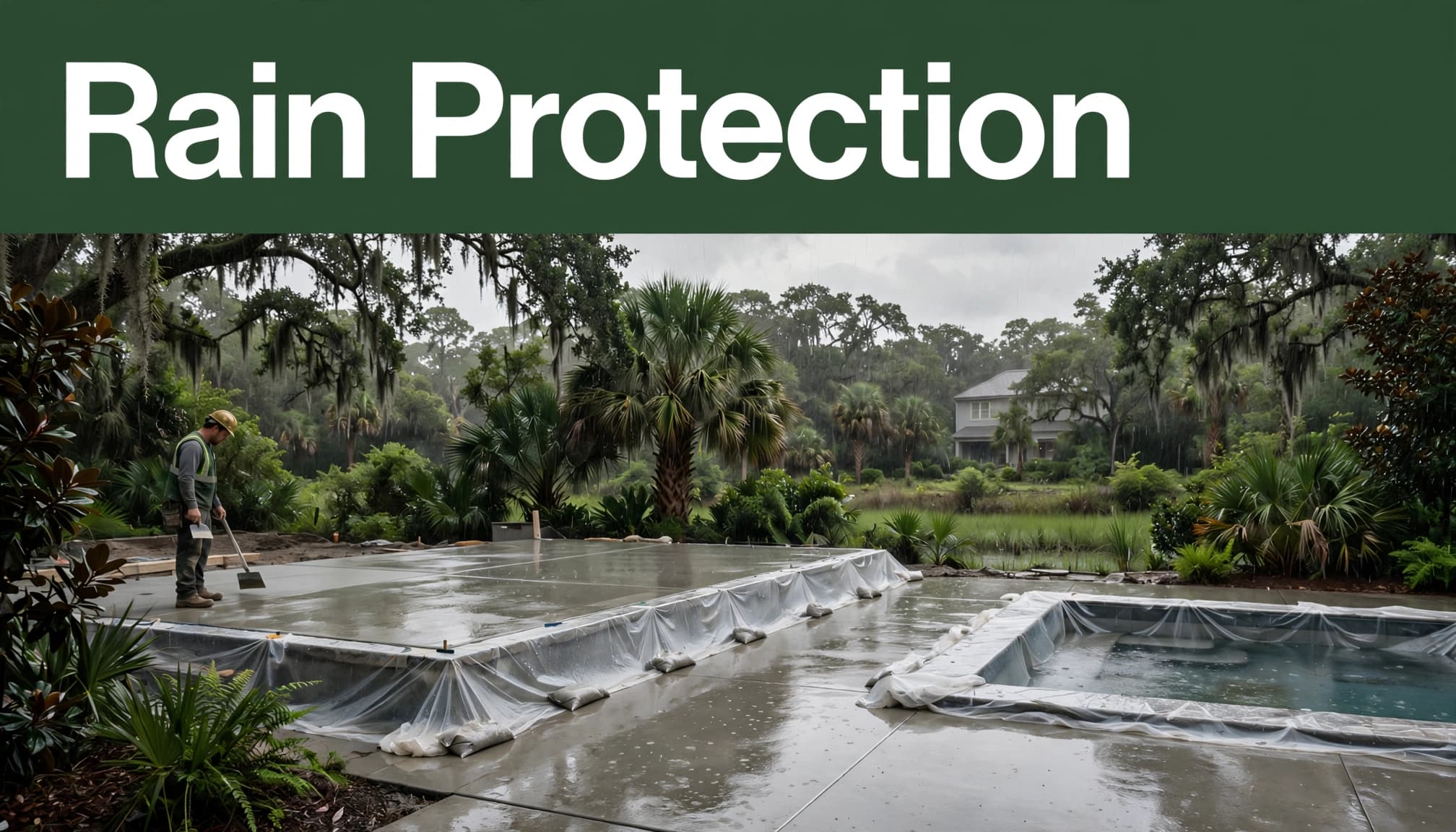 A worker checks a protected concrete patio and pool deck during a coastal rain shower.