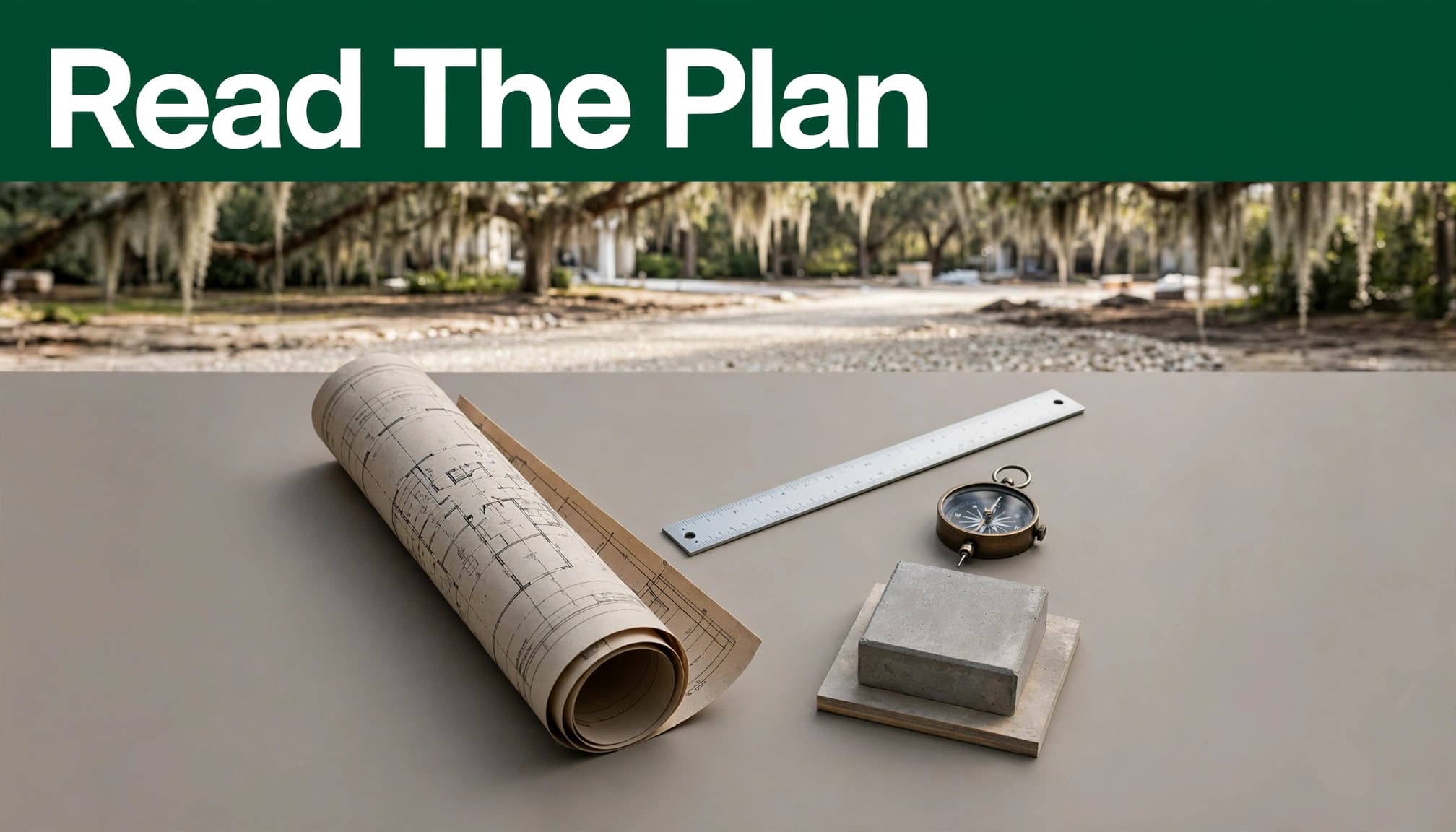 Rolled concrete site plan with measuring tools and a sample board on a Charleston driveway.
