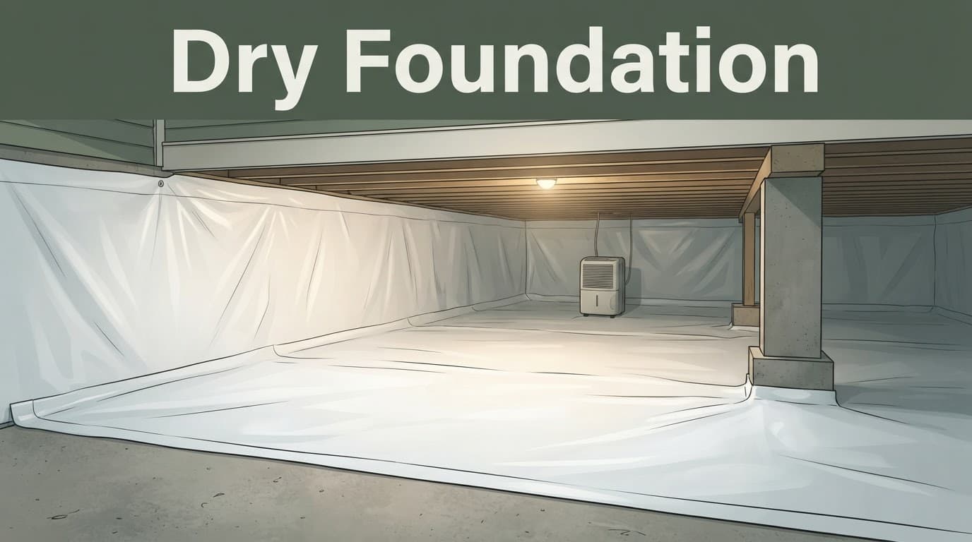 White vapor barrier surrounds a crawl space with a dehumidifier and exposed concrete floor.