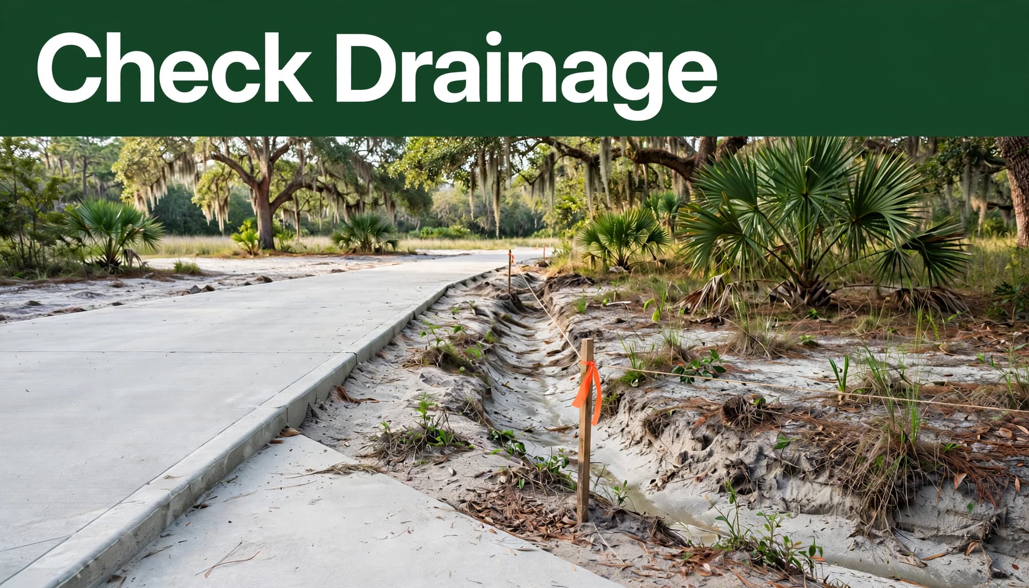 Concrete driveway edge beside a drainage swale with two survey stakes.