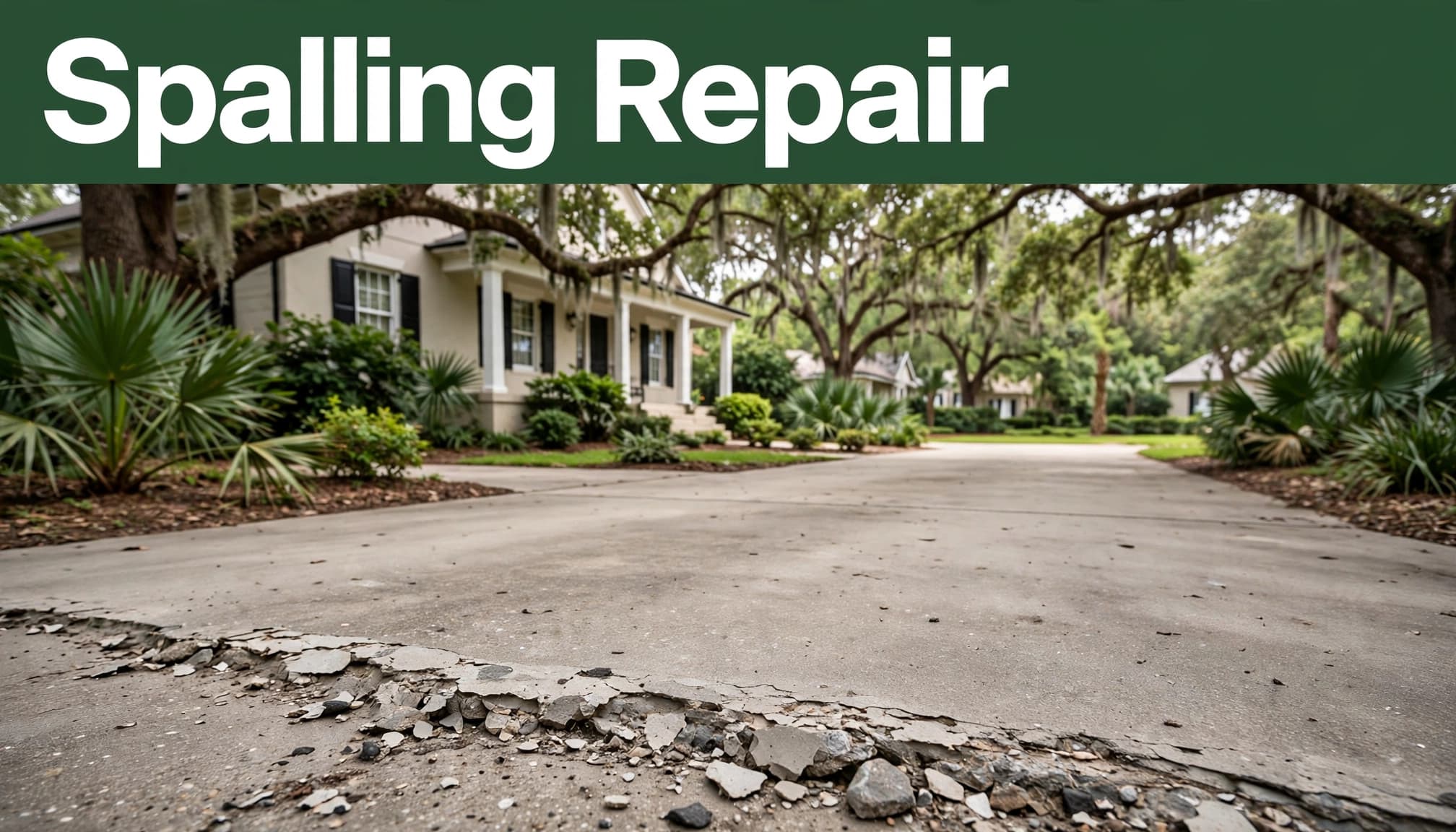 Concrete driveway with shallow spalling and exposed aggregate near a Charleston home.