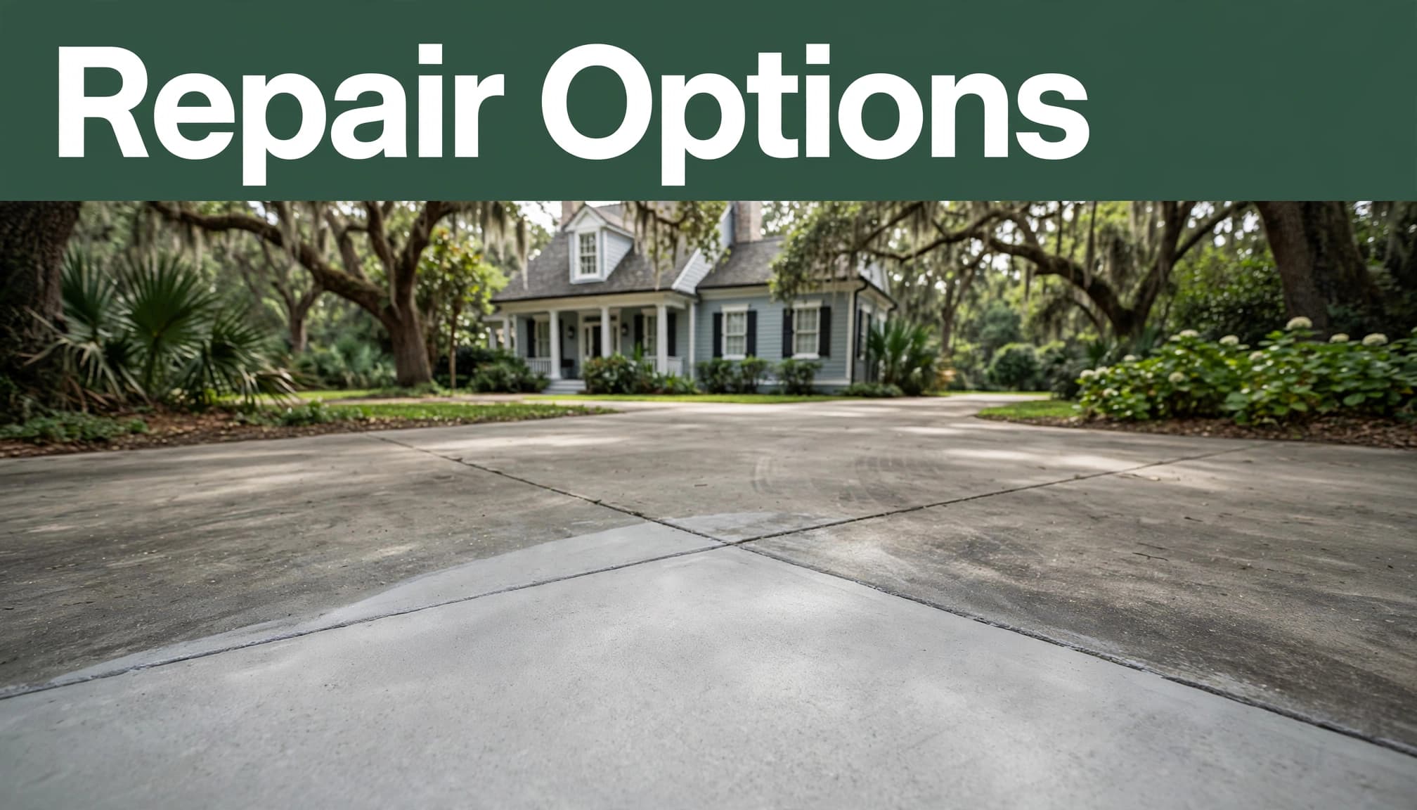 A resurfaced driveway section blends with older concrete outside a shaded Charleston home.