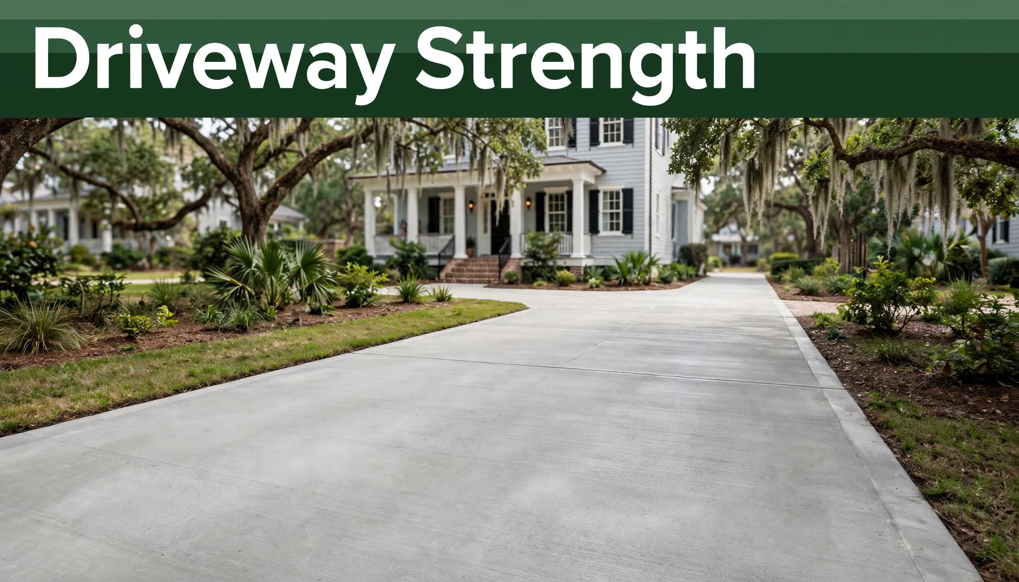 Fresh concrete driveway leading toward a Lowcountry home beneath a live oak tree.