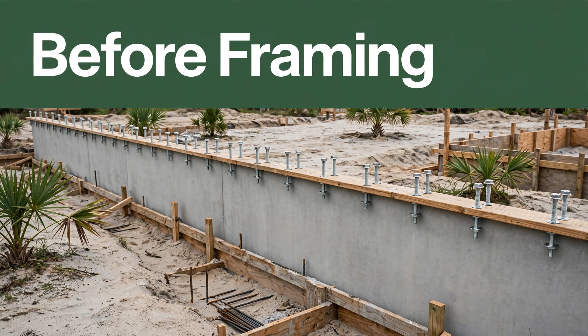 Concrete foundation with anchor bolts and a wood sill plate at a coastal construction site.