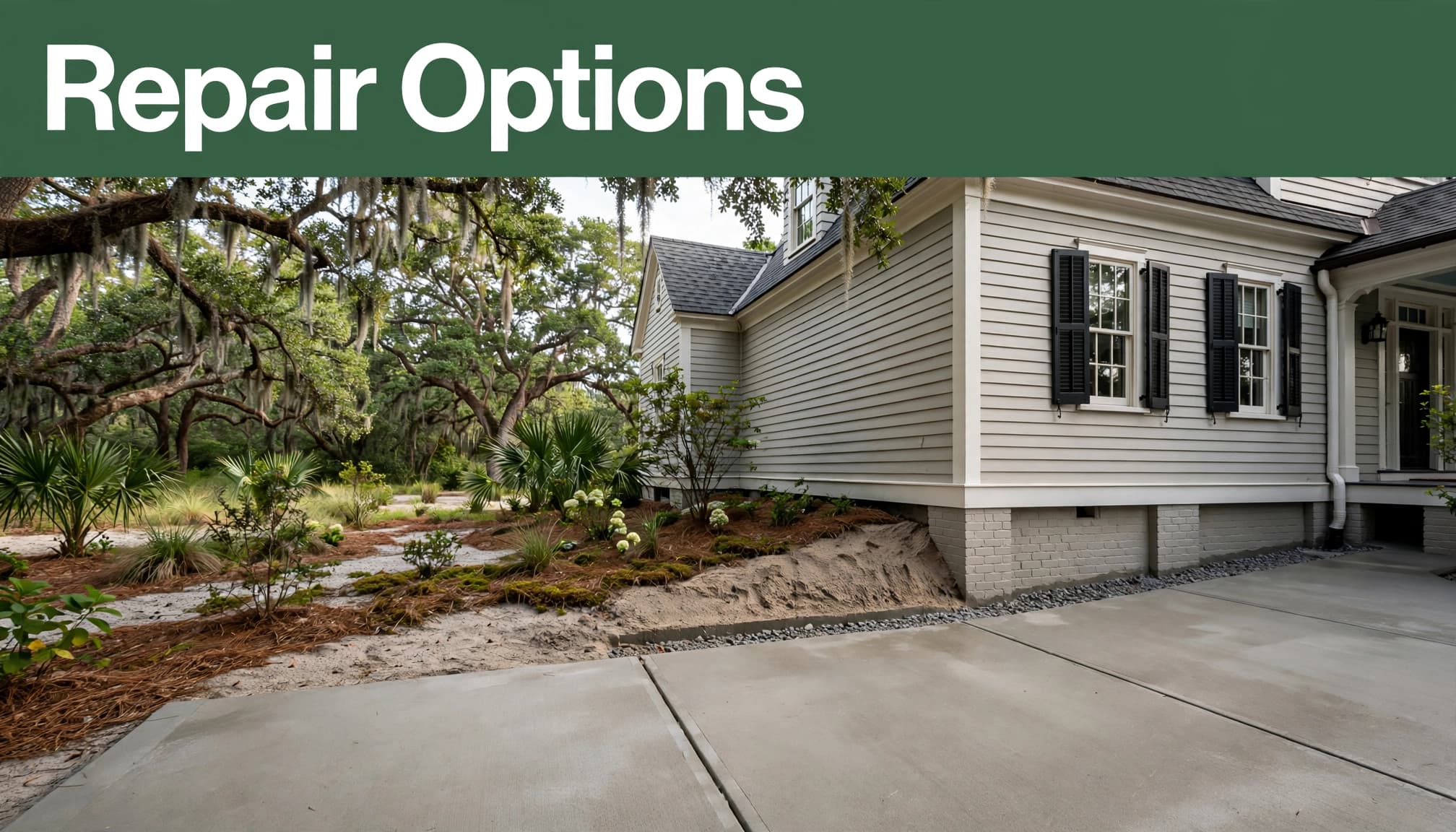 Concrete patio beside a Charleston home with drainage grading away from the foundation.