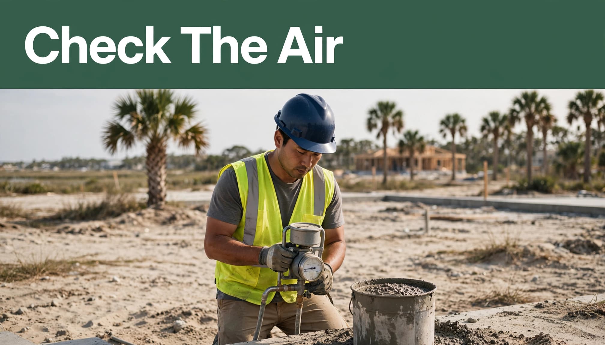 A technician tests a concrete sample beside a green Check The Air banner.