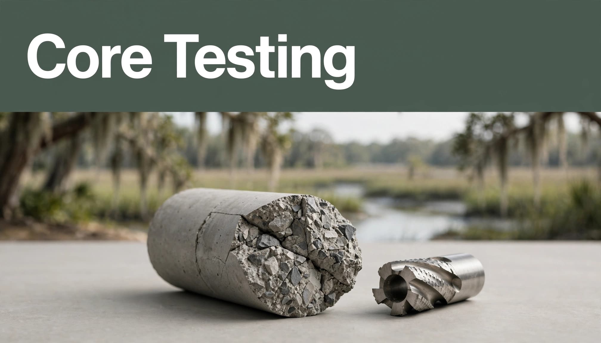 A fractured concrete core sample stands beside a compact diamond drill bit beneath a green headline band.