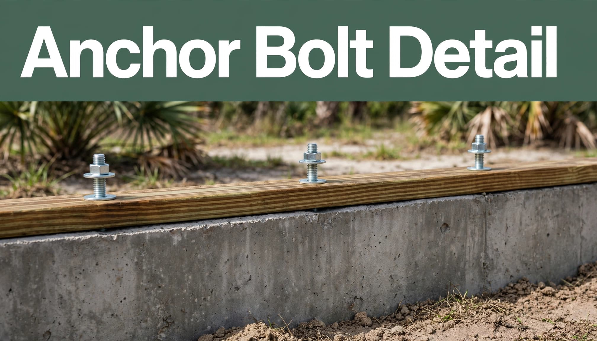 Galvanized anchor bolts secure a wooden sill plate to a concrete foundation wall.
