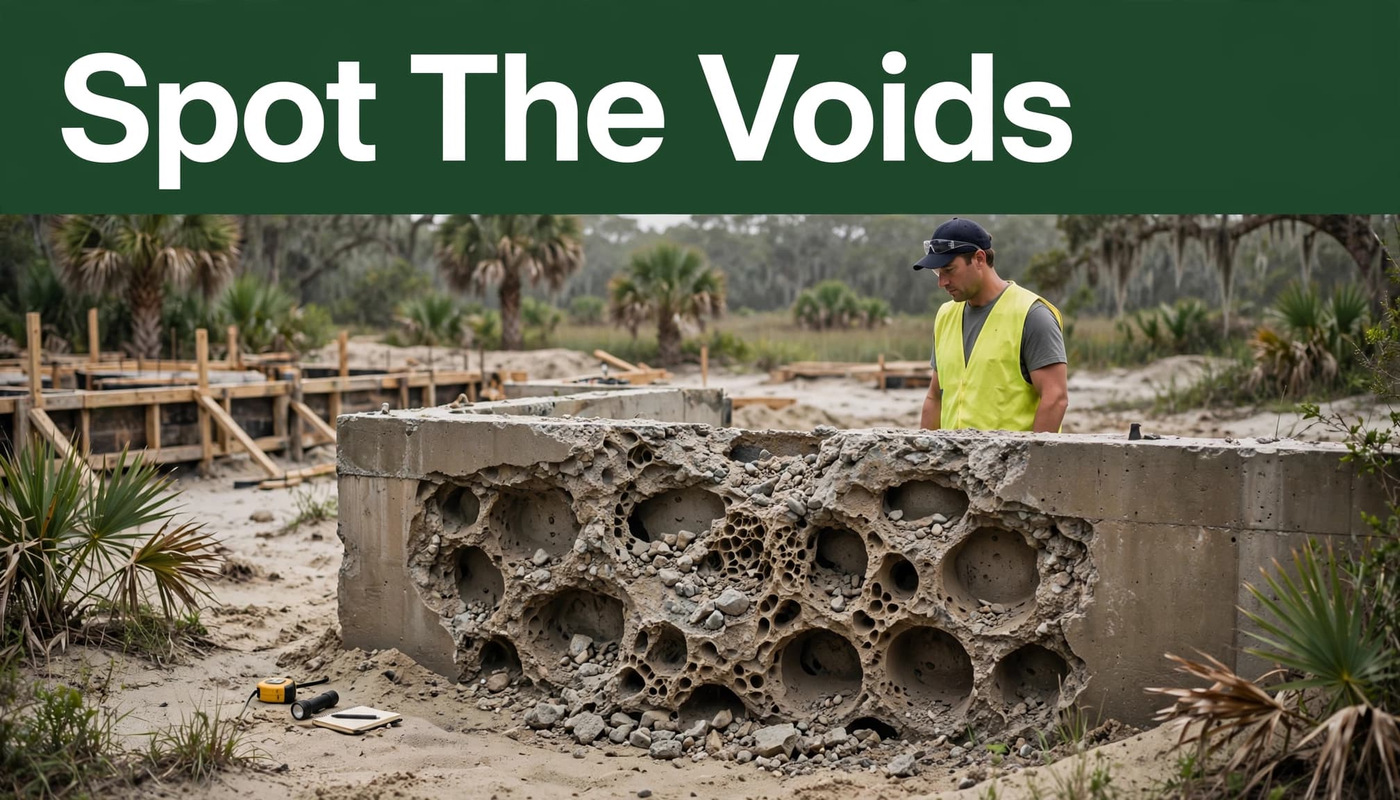 A worker inspects voids in a concrete foundation beside tools and sandy soil.