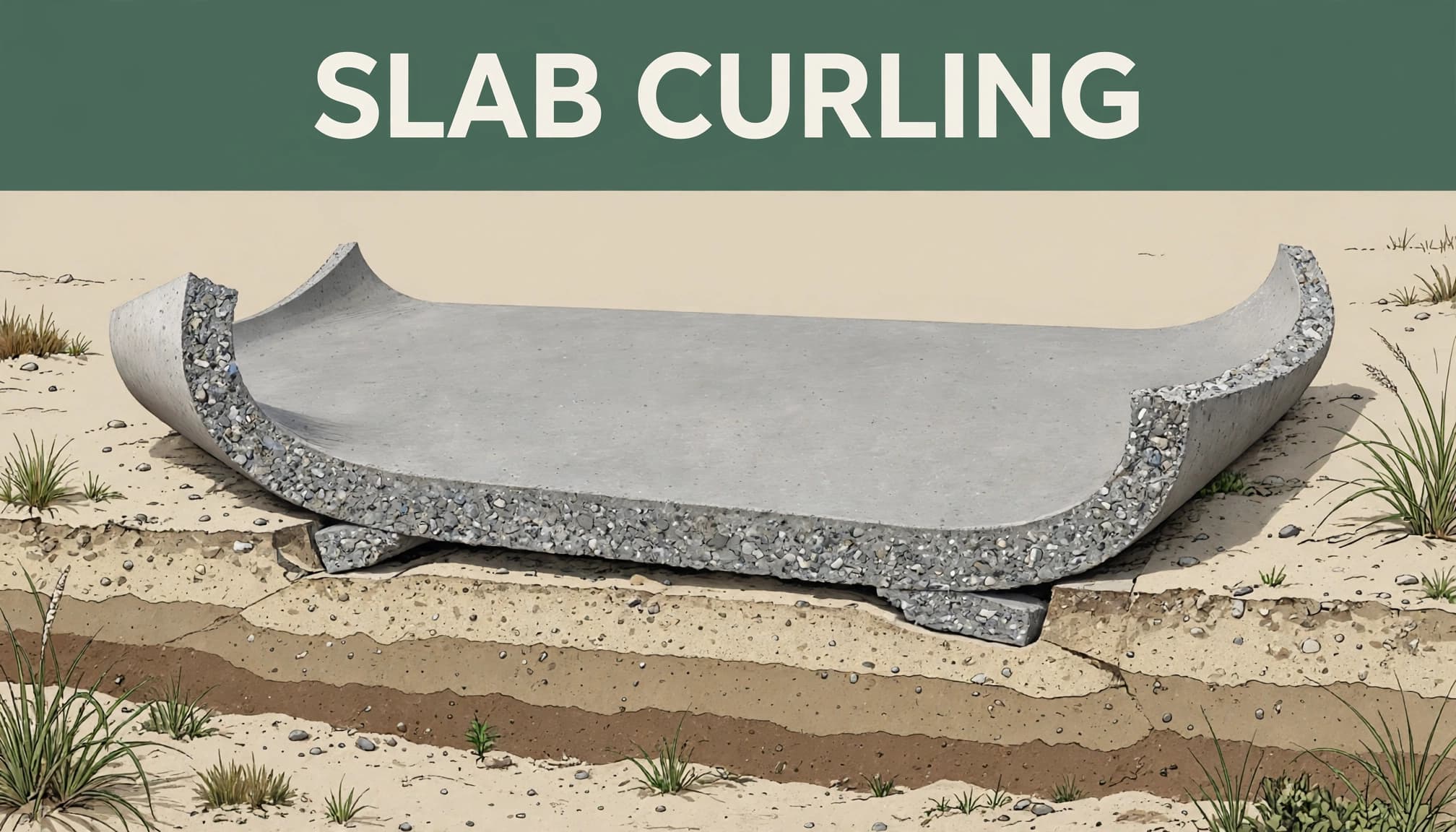 A cutaway concrete slab has raised corners above aggregate and sandy soil.