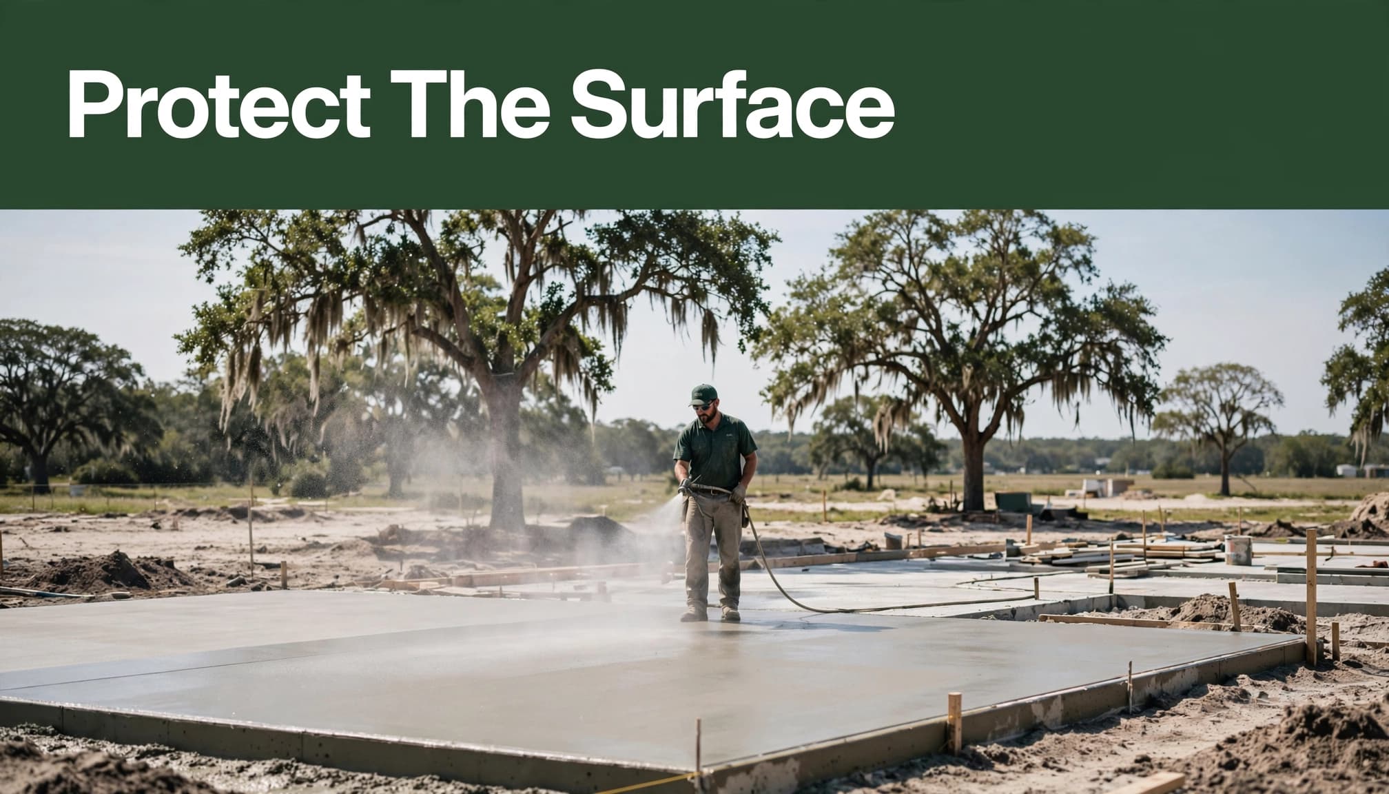 A concrete finisher mists a fresh slab beneath a dark-green headline band.