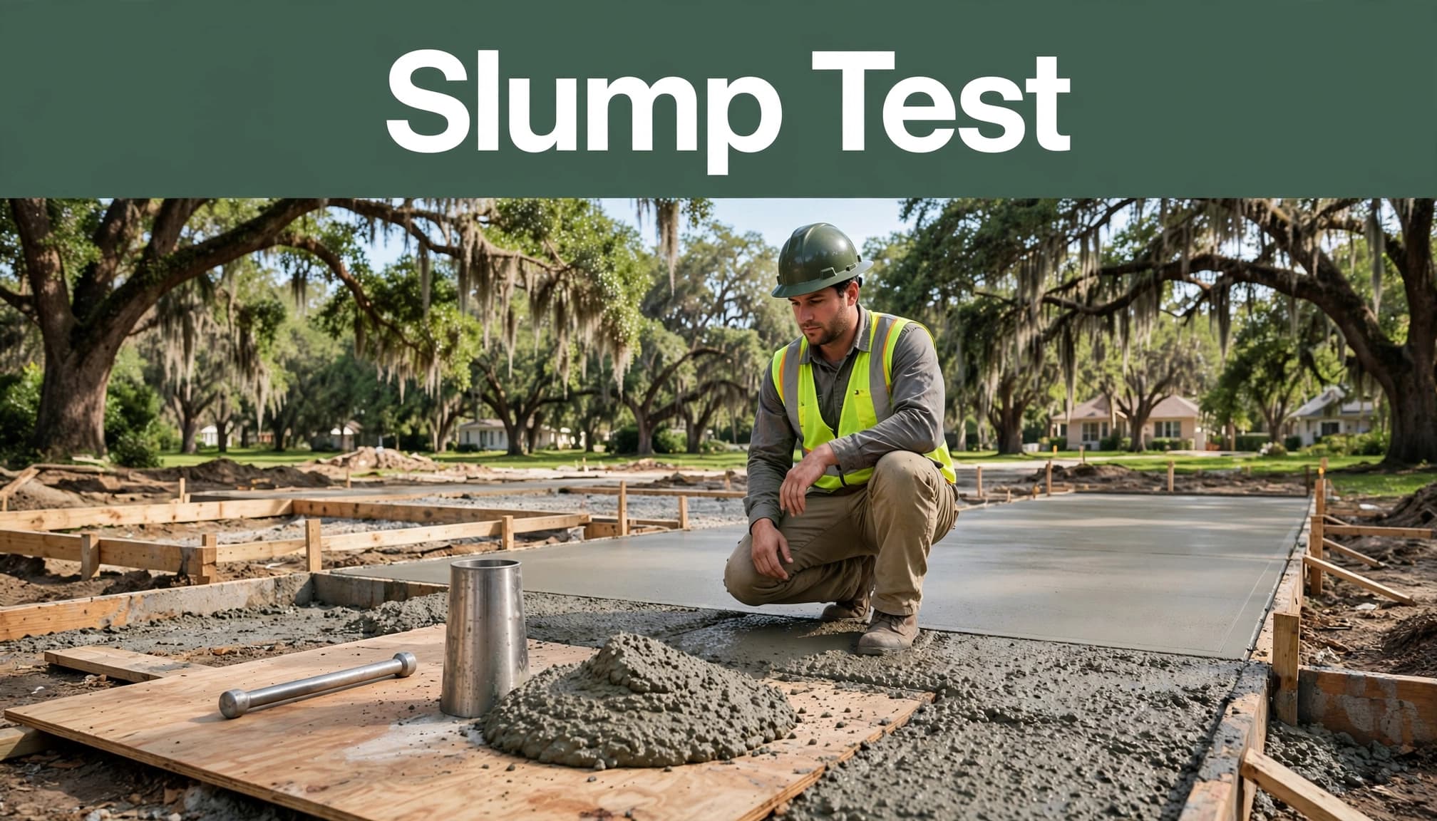 A technician checks fresh concrete beside a driveway using a slump cone and tamping rod.
