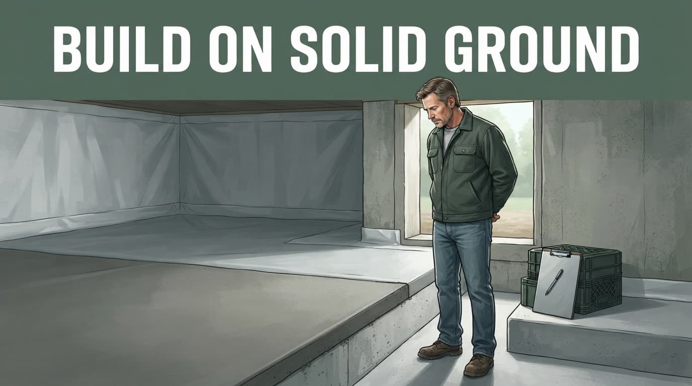 A contractor observes a repaired concrete slab inside a sealed crawl space.