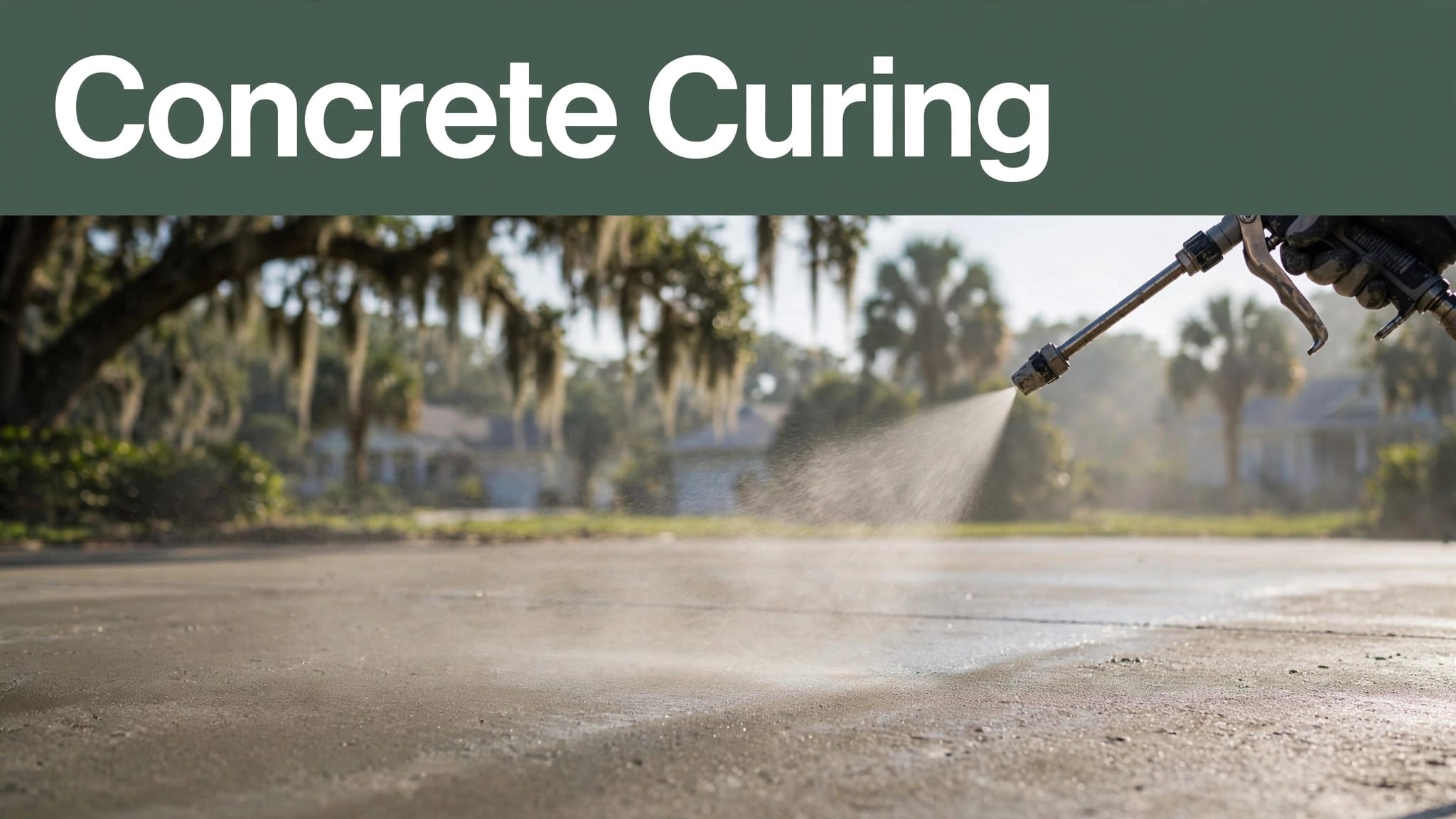A worker sprays curing compound across a fresh concrete driveway in sunny Charleston.