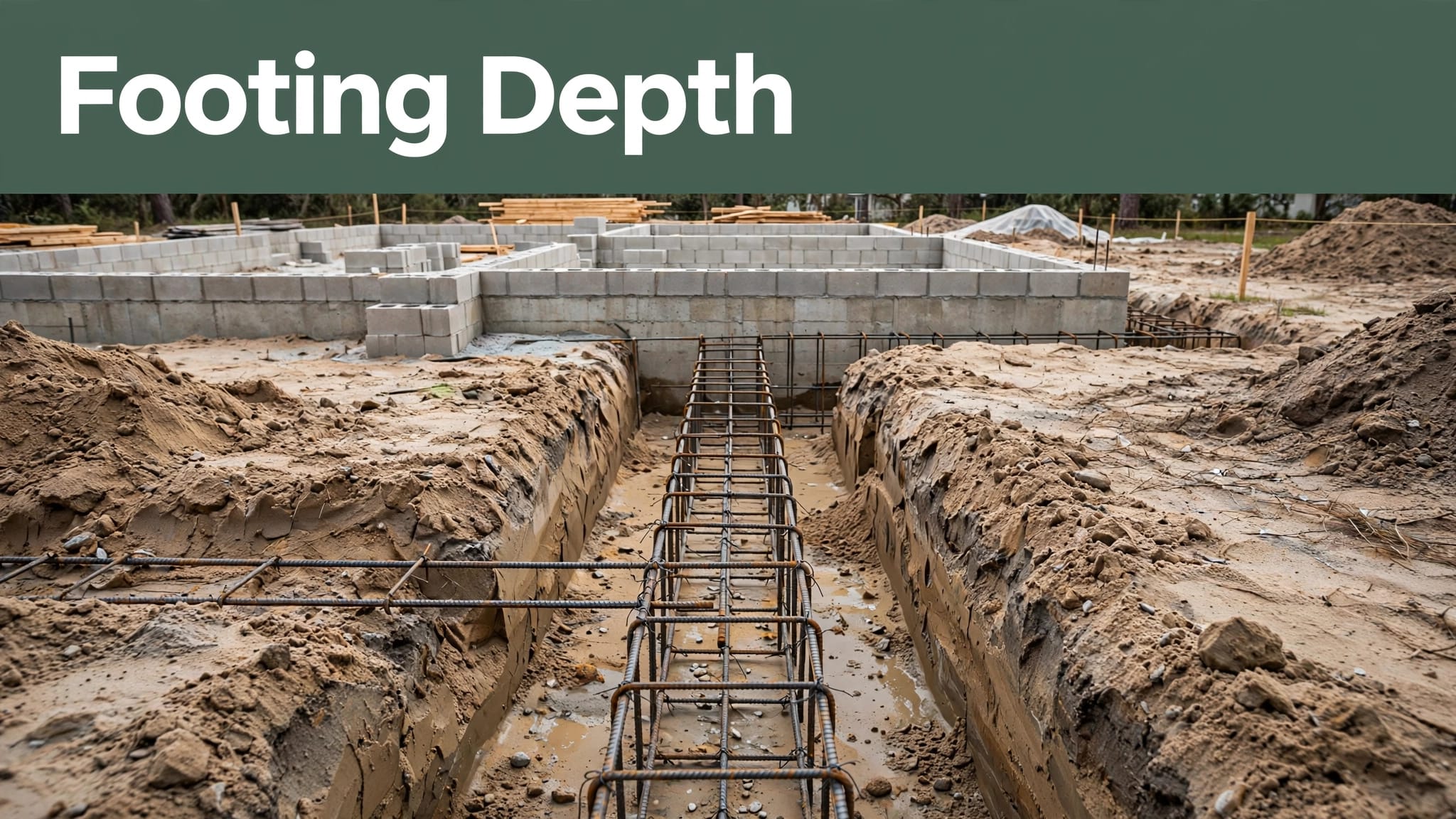 A reinforced footing trench in sandy soil beside a partially built home foundation.