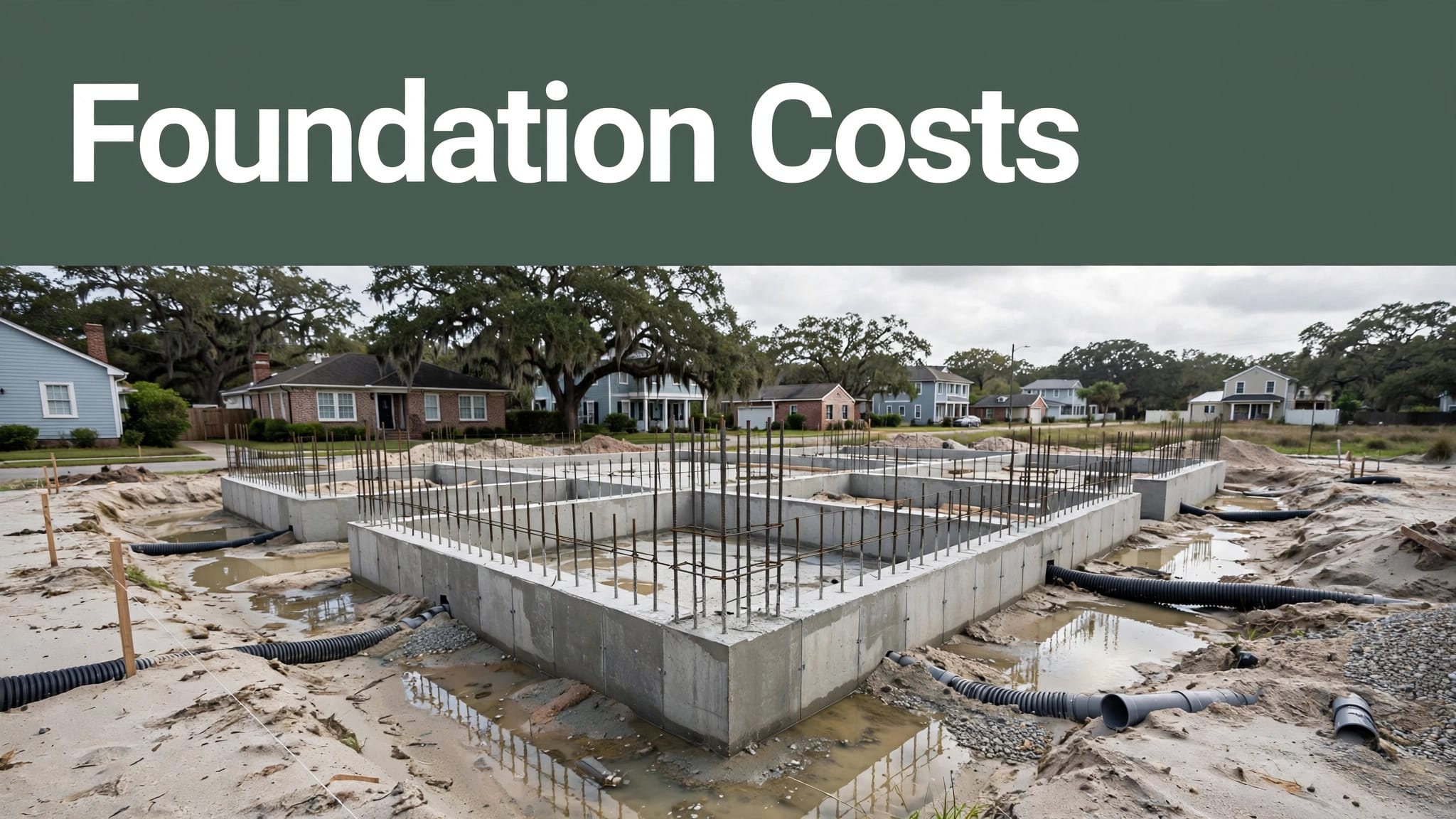 A raised concrete foundation sits in sandy soil near water and drainage pipes.