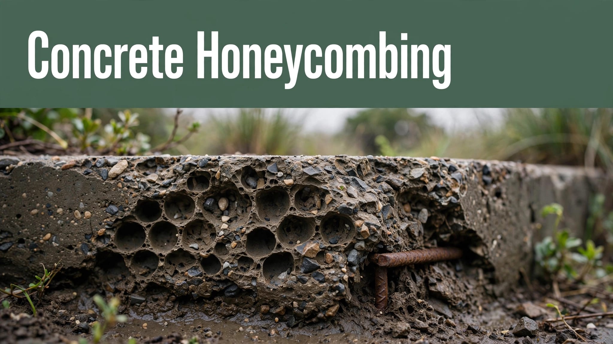 Close-up of a honeycombed concrete wall with exposed aggregate and rebar.