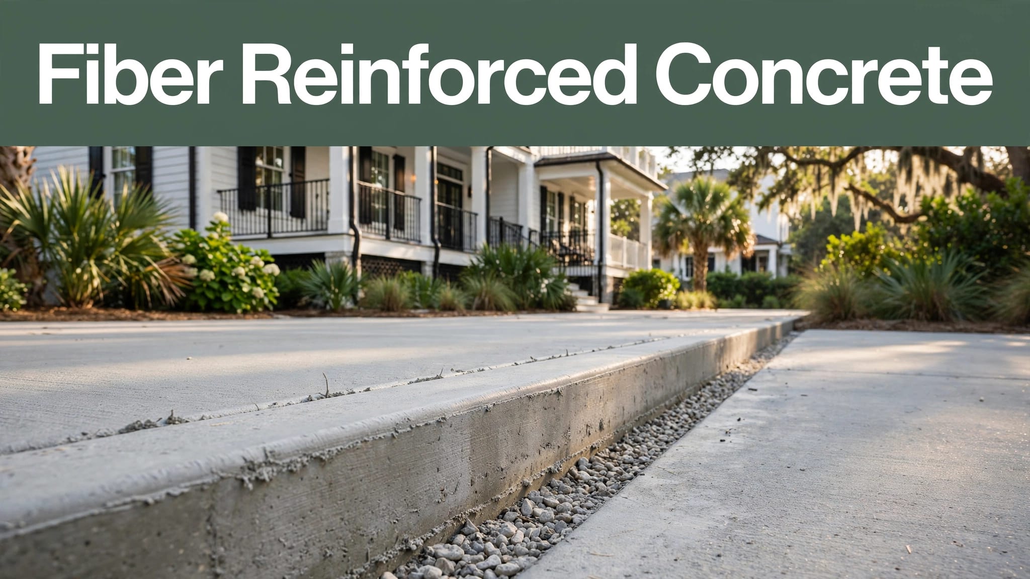 Fresh concrete patio and driveway with a gravel base and coastal greenery.
