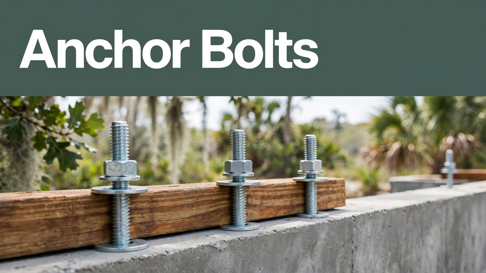 Galvanized bolts secure a wooden sill plate to a concrete foundation.