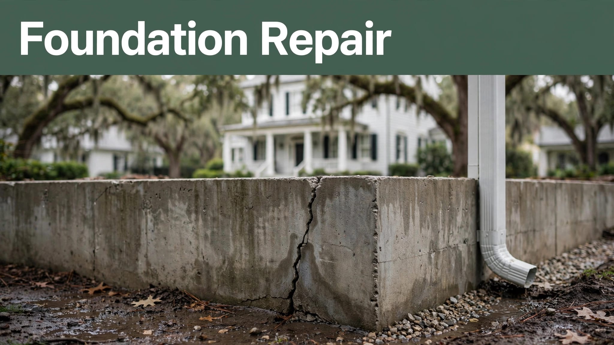 Charleston foundation wall with a vertical crack, moisture stains, drainage, and a green Foundation Repair banner.