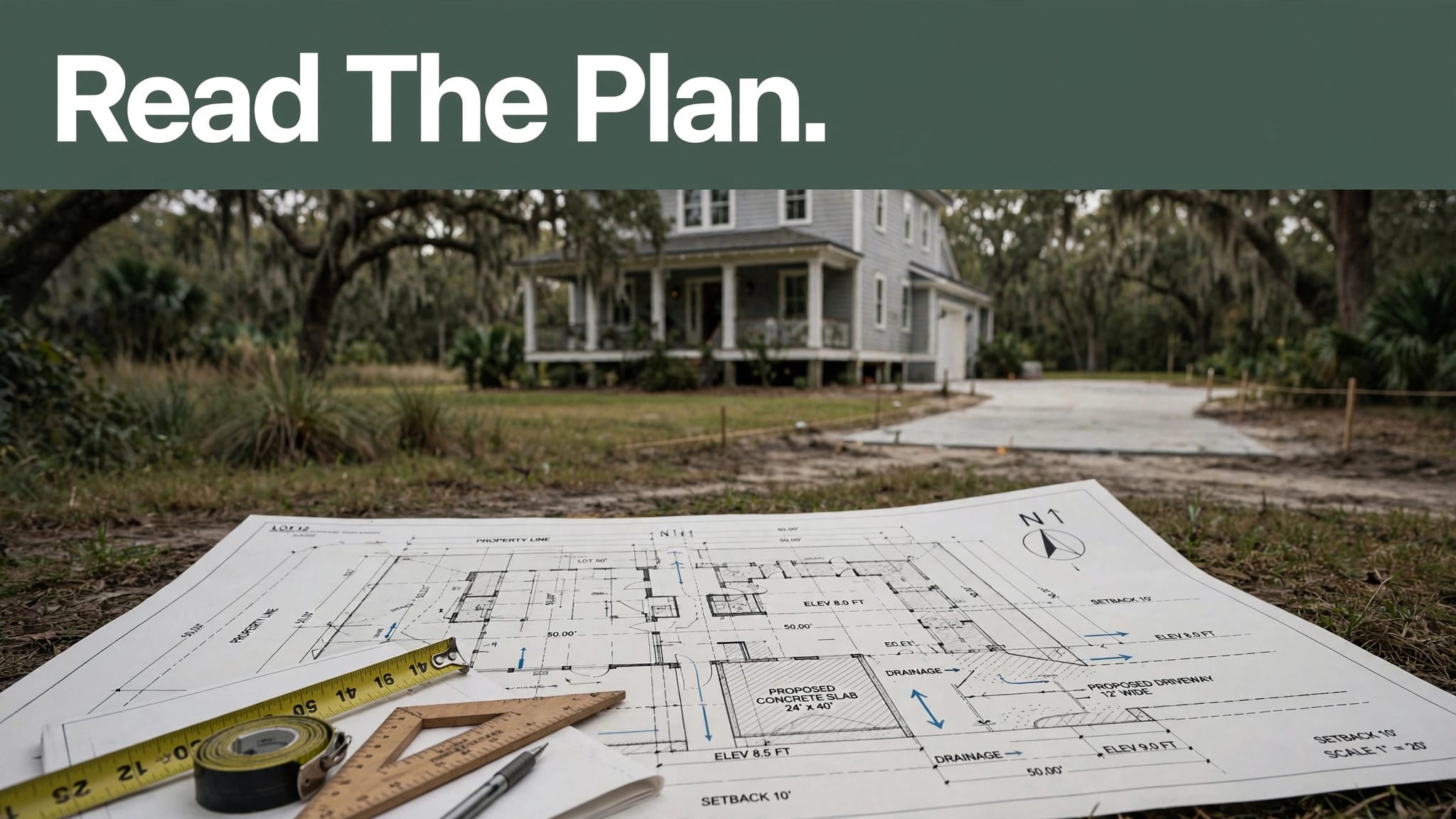Concrete site plan tools beside a proposed driveway and coastal home.