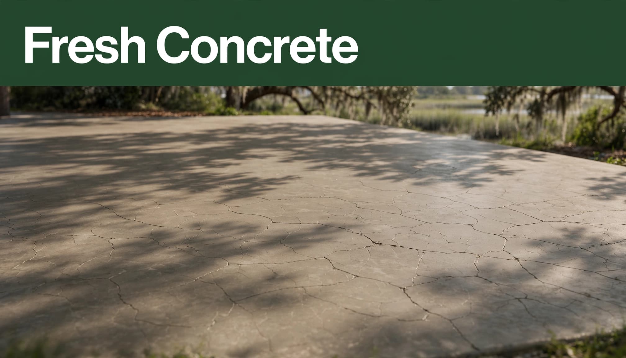 Fine hairline cracks cross a fresh concrete patio beneath a dark-green headline band.