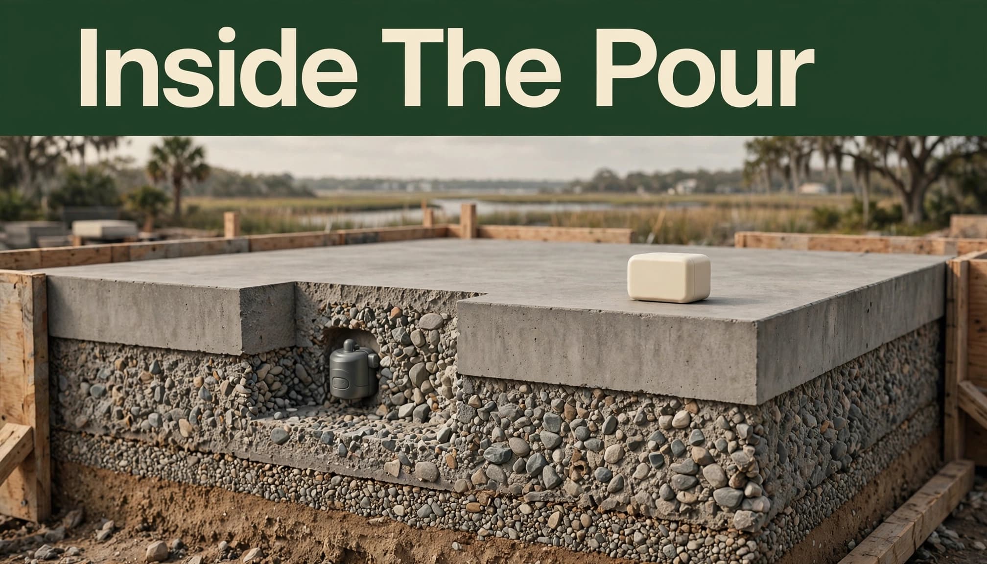 A cutaway concrete foundation shows one embedded sensor and a small receiver nearby.