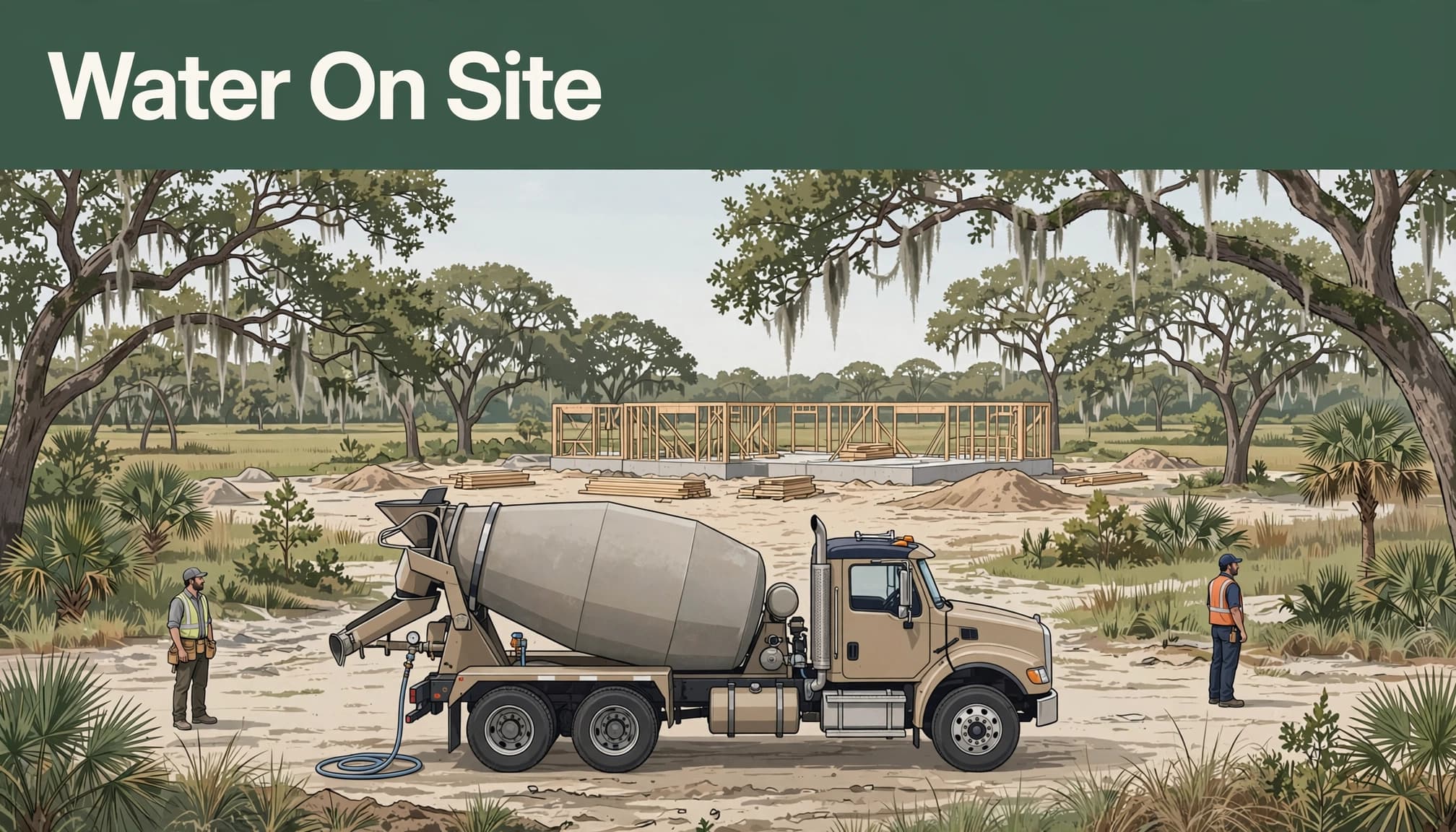An illustration of a concrete truck at a jobsite with the headline Water On Site.