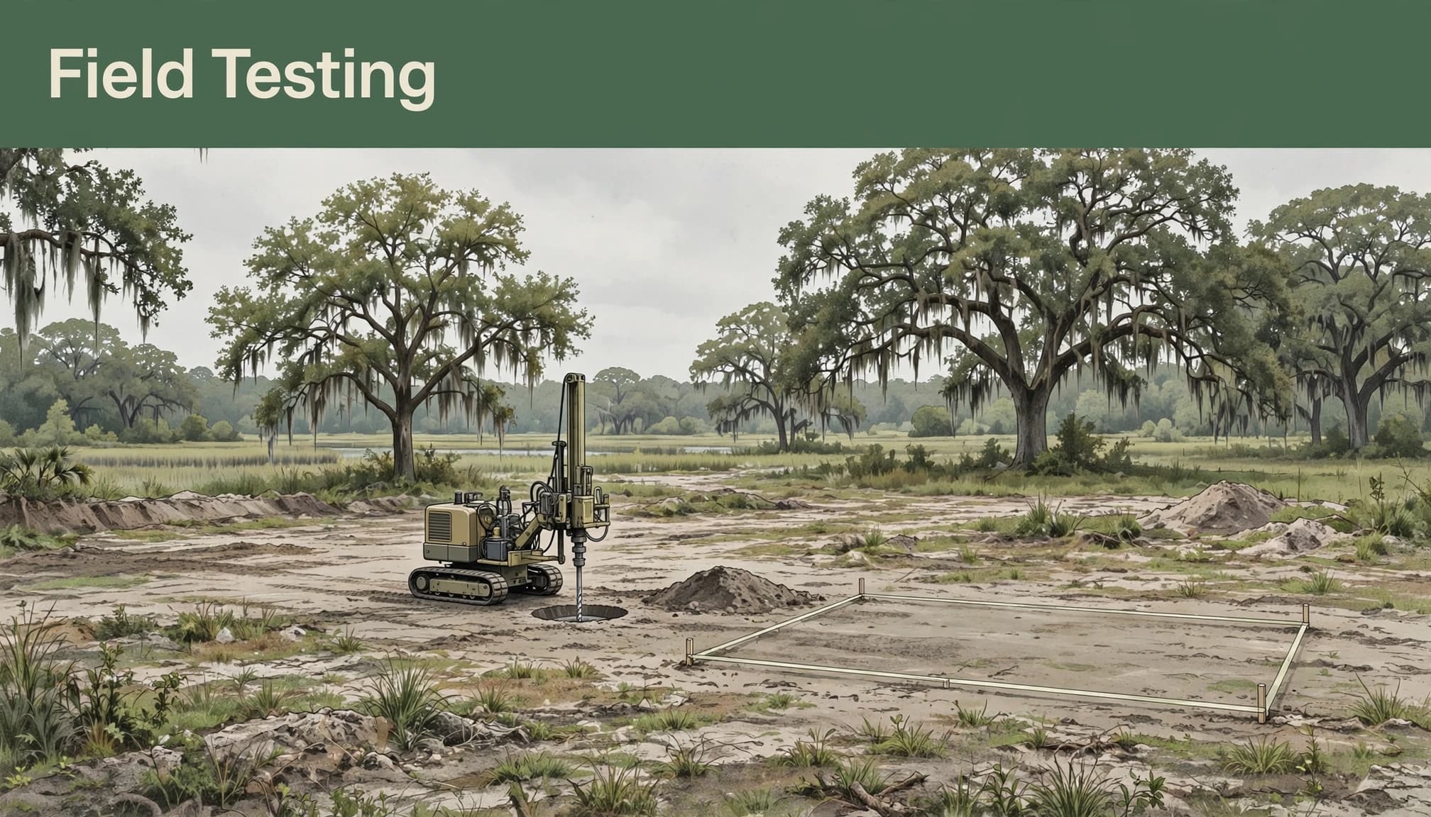 Editorial illustration with headline Field Testing showing a compact drill rig on a construction site.