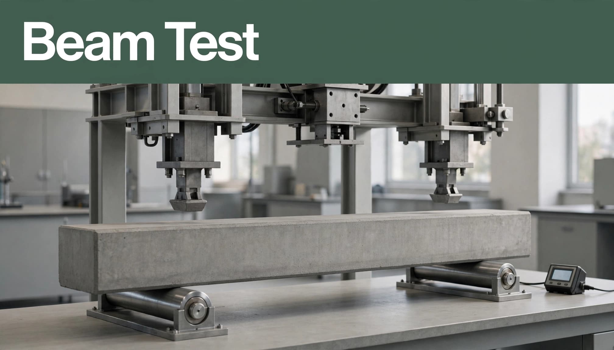 A concrete beam resting on rollers in a lab, with 'Beam Test' written on a green banner above.