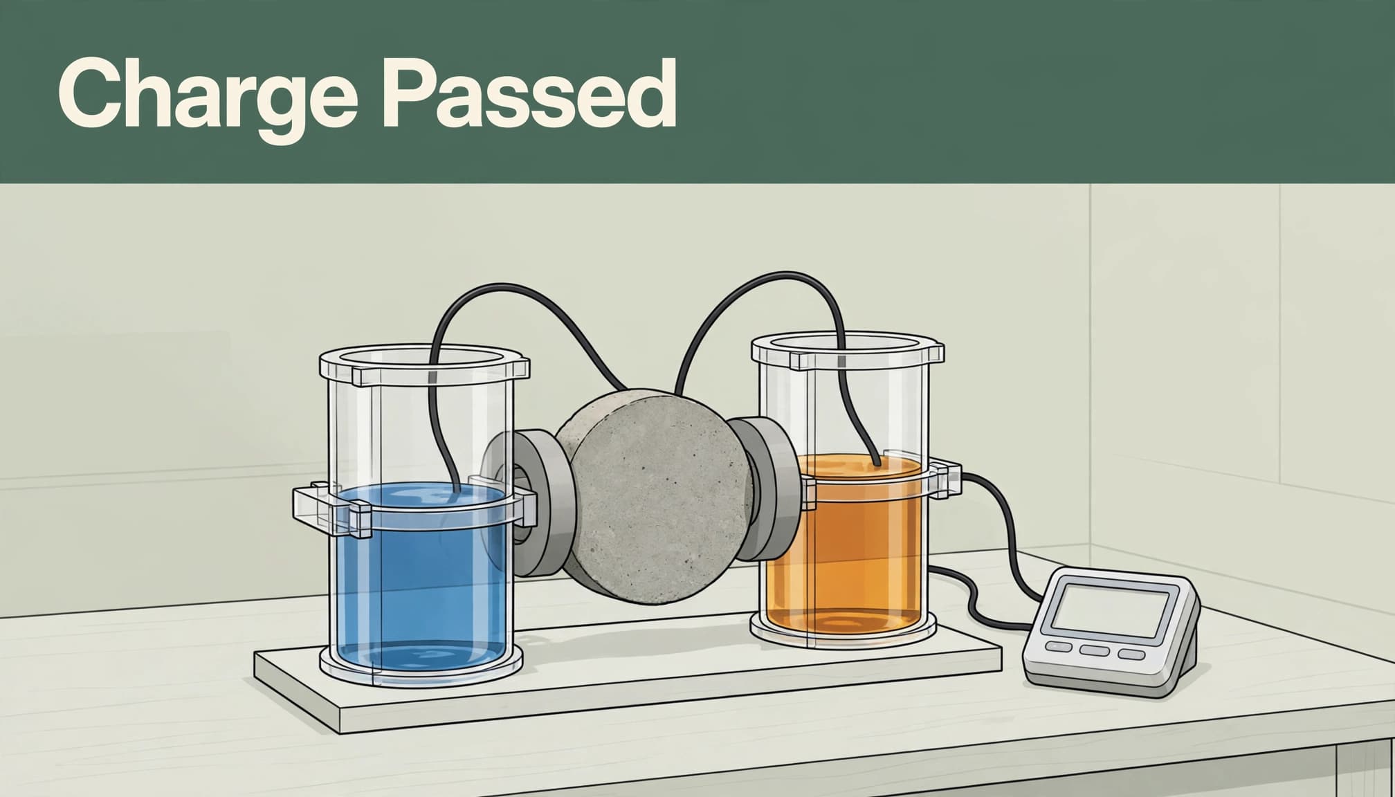 Illustration with headline Charge Passed showing a concrete permeability test setup.