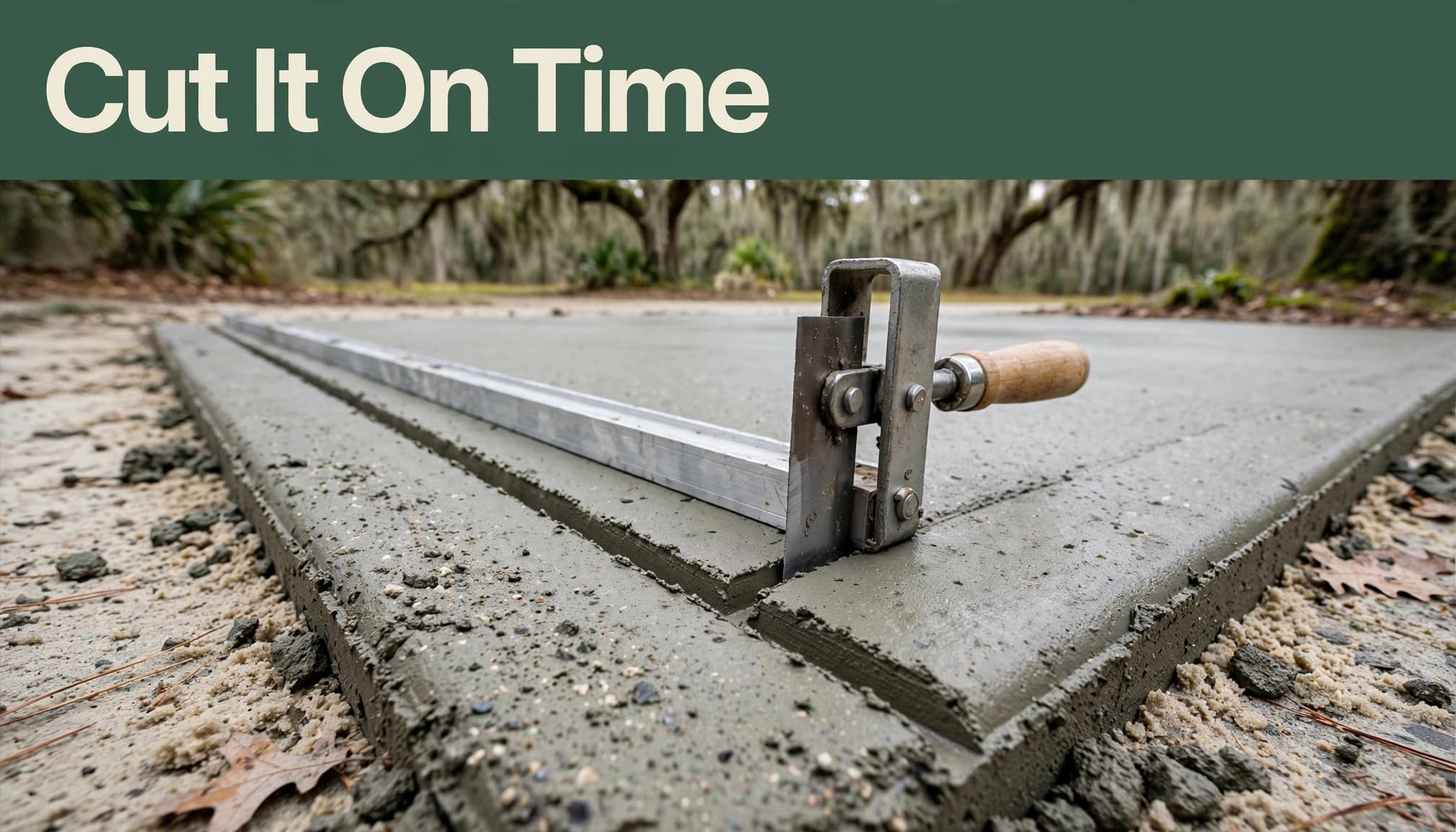 A straightedge and hand groover form a groove in a fresh concrete driveway.