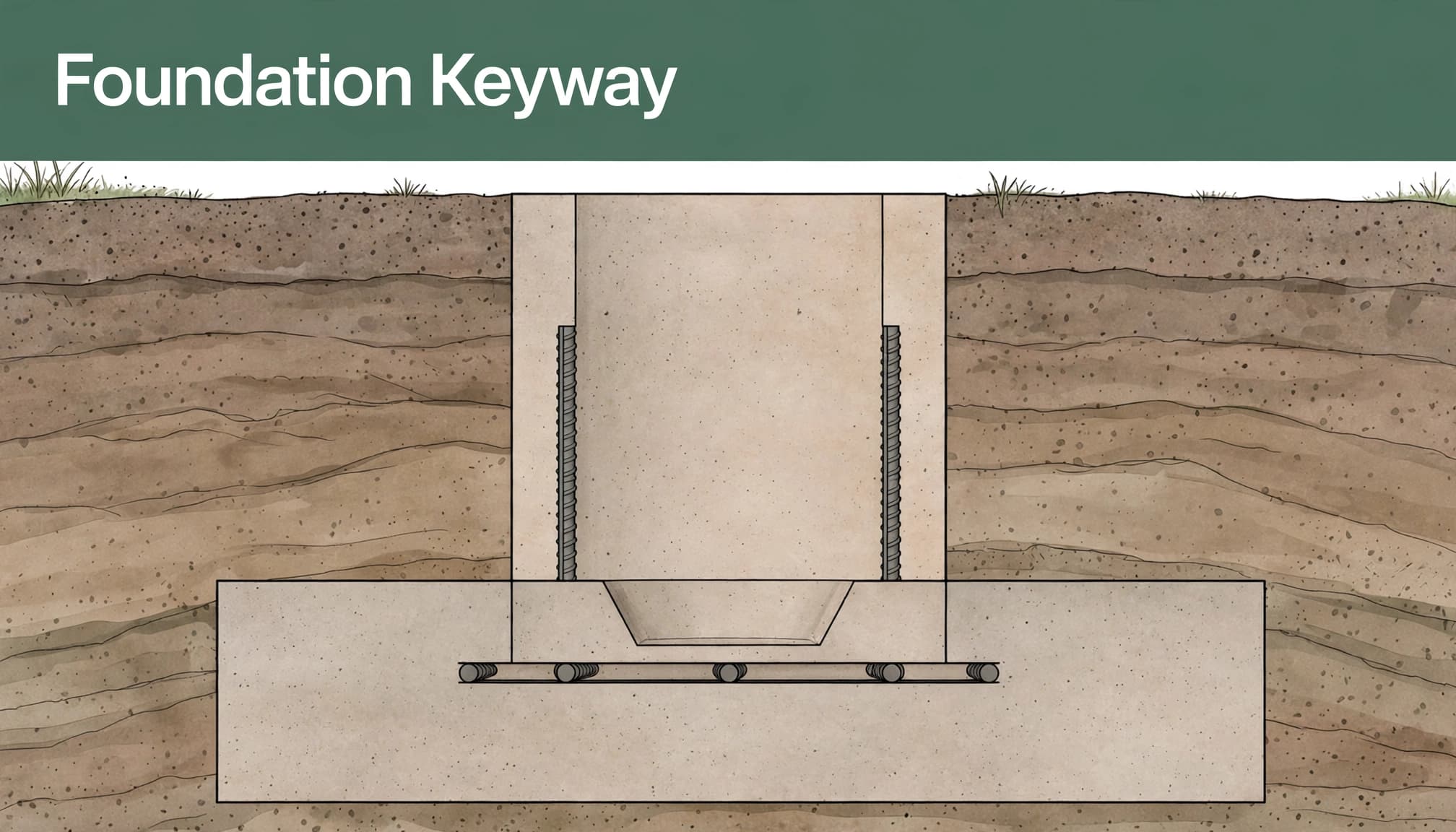 An architectural illustration of a concrete foundation keyway with the headline Foundation Keyway.