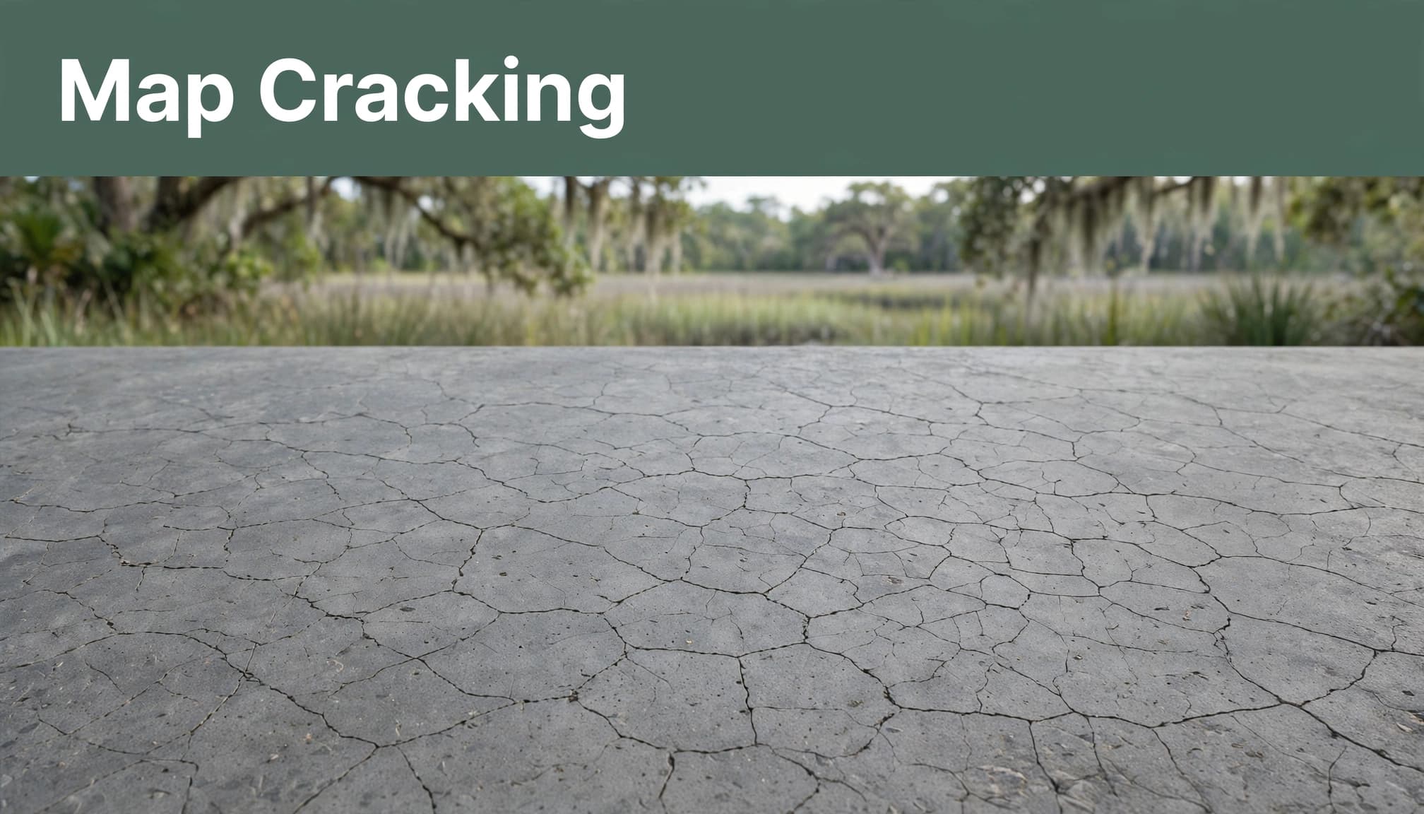 A concrete slab with map cracking and a dark green caption strip at the top reading Map Cracking.